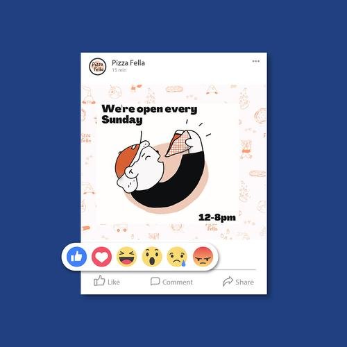 Illustrated playful social media post with pizza and characters. Part of a branding illustration system for pizzeria restaurant by Leeds artist Vicky Hughes. 