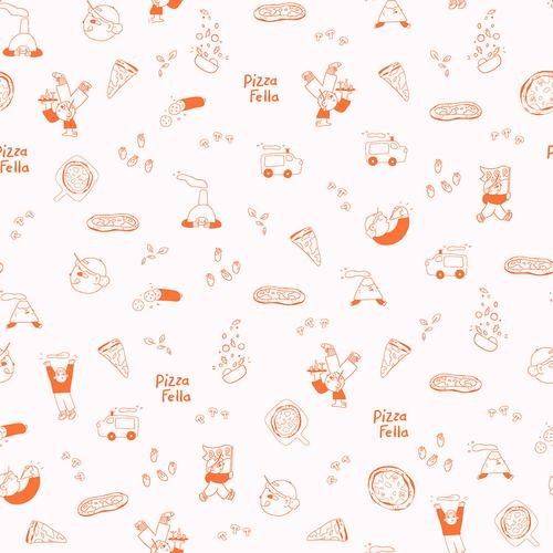 Illustrated pattern with pizza icons and playful characters. Part of a branding illustration system for pizzeria restaurant by Leeds artist Vicky Hughes. 
