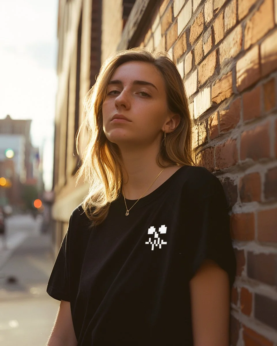 Portrait of a young woman with light brown hair leaning against a brick wall in an urban setting during sunset.