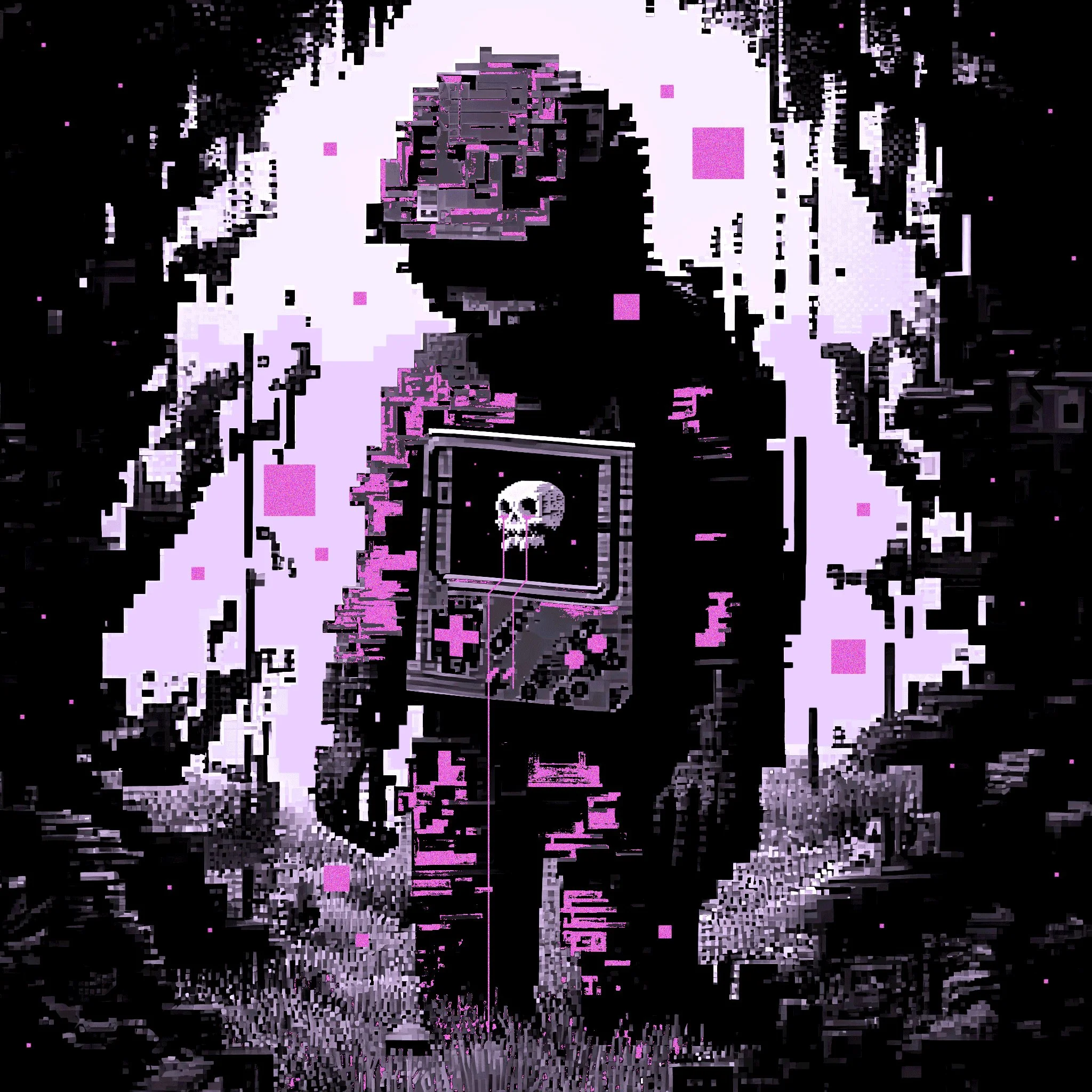 Pixelated digital artwork of a skeletal figure and a skull with abstract black, white, and pink colors.