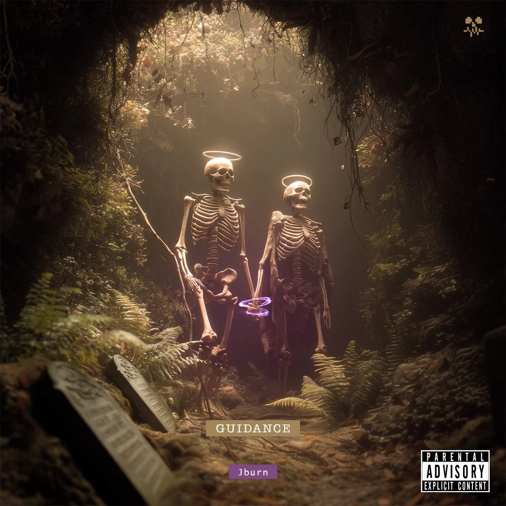 Two skeletons with halos over their heads standing in a dark, misty forest surrounded by ferns and rocks. One skeleton has a glow-colored ring on its finger. The scene has a surreal, eerie atmosphere.