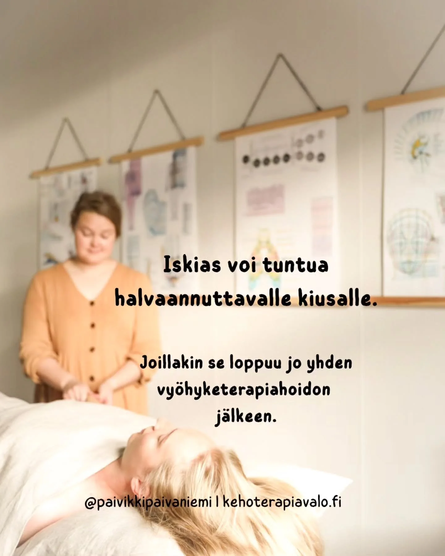 H&auml;n raahasi toista jalkaa miltei per&auml;ss&auml;. Pakarasta s&auml;teili kipu nilkkaan saakka.

Istuminen pitk&auml;&auml;n oli hankalaa.

&bull;

H&auml;n oli raskaana ja iskias oli halvaannuttavaa. H&auml;n ei p&auml;&auml;ssyt aina yl&ouml;