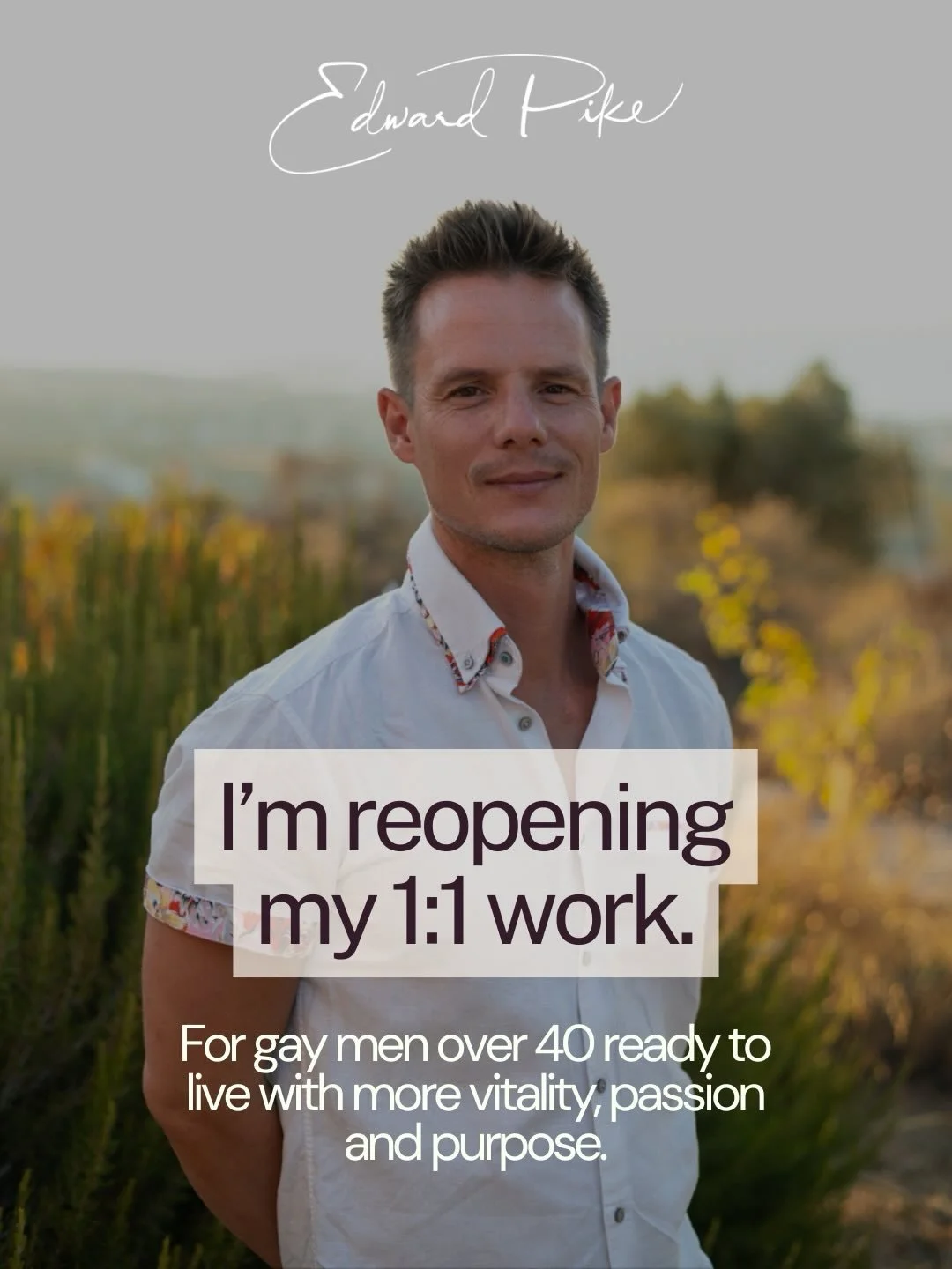 I&rsquo;m reopening my 1:1 work.

After a few years quietly supporting and guiding others, I&rsquo;ve been recently feeling the call to work more deeply with gay men over 40.

Reclaim your unique magic
Create a life, work &amp; relationships you love