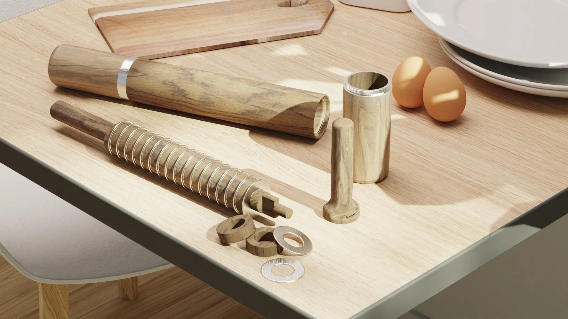 Surface de cuisine en bois avec divers ustensiles en bois, plates, oeufs, et pièces métalliques, peut-être pour la fabrication ou l'assemblage d'objets en bois.