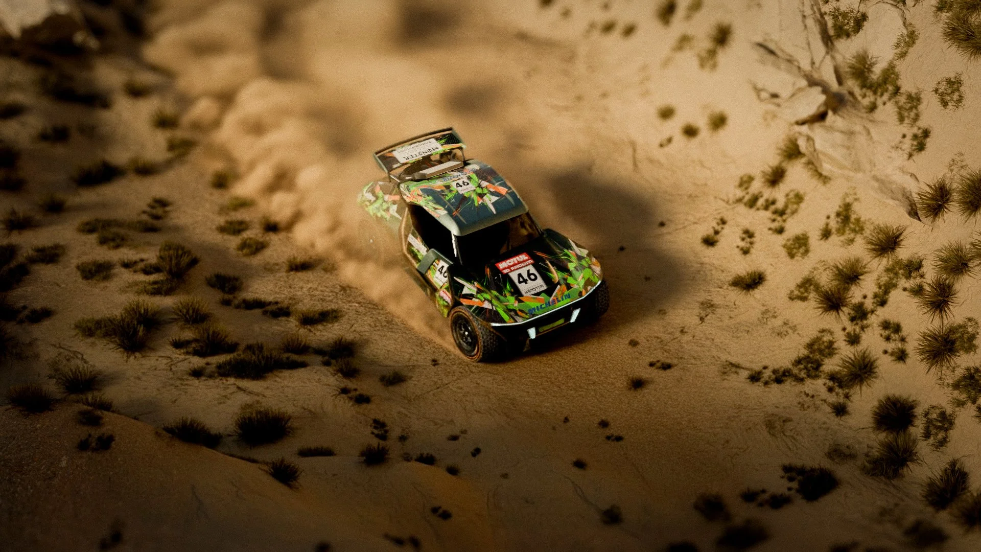 Voiture de rallye traversant un désert, soulevant du sable.