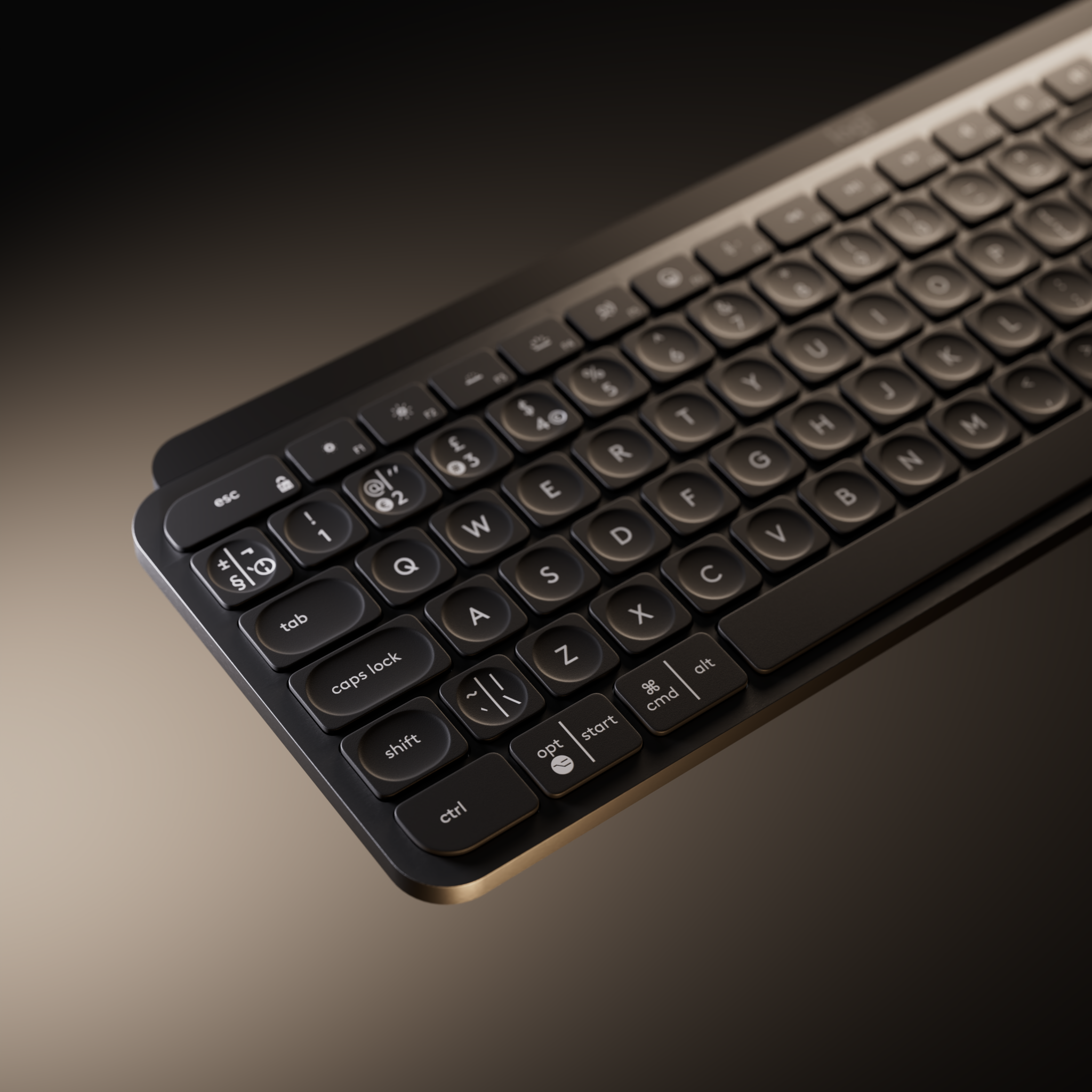 Clavier MX Key de Logitech sans fil noir sur fond sombre, aperçu en angle