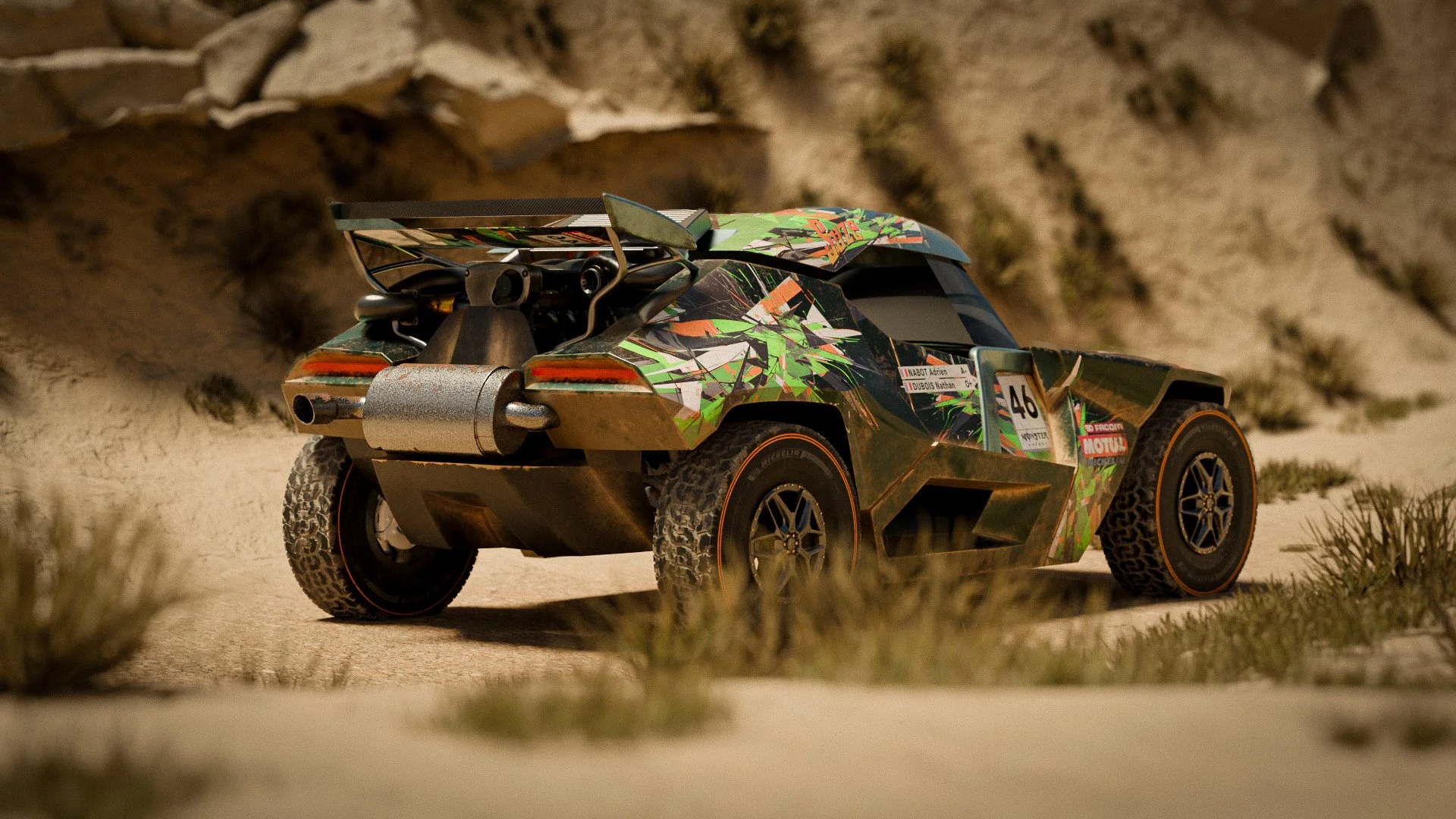 Voiture de course conceptuelle dans un environnement désertique, avec un design coloré et géométrique, vue de l'arrière-sur