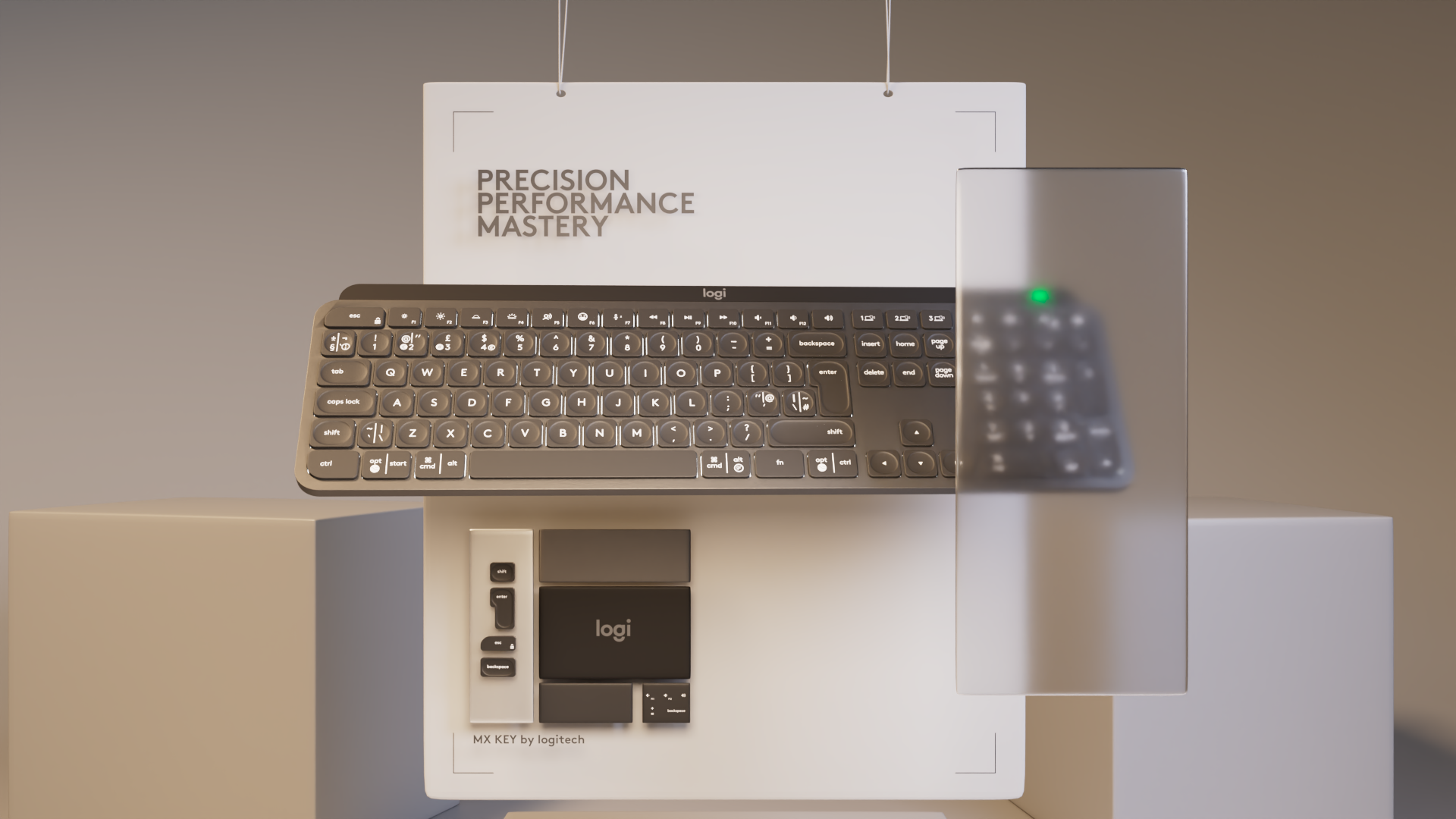 Clavier mécanique Logitech MX Keys posé sur un emballage blanc, avec une petite télécommande à côté. En arrière-plan, un panneau blanc avec les mots 'PRÉCISION PERFORMANCE MASTERY'.