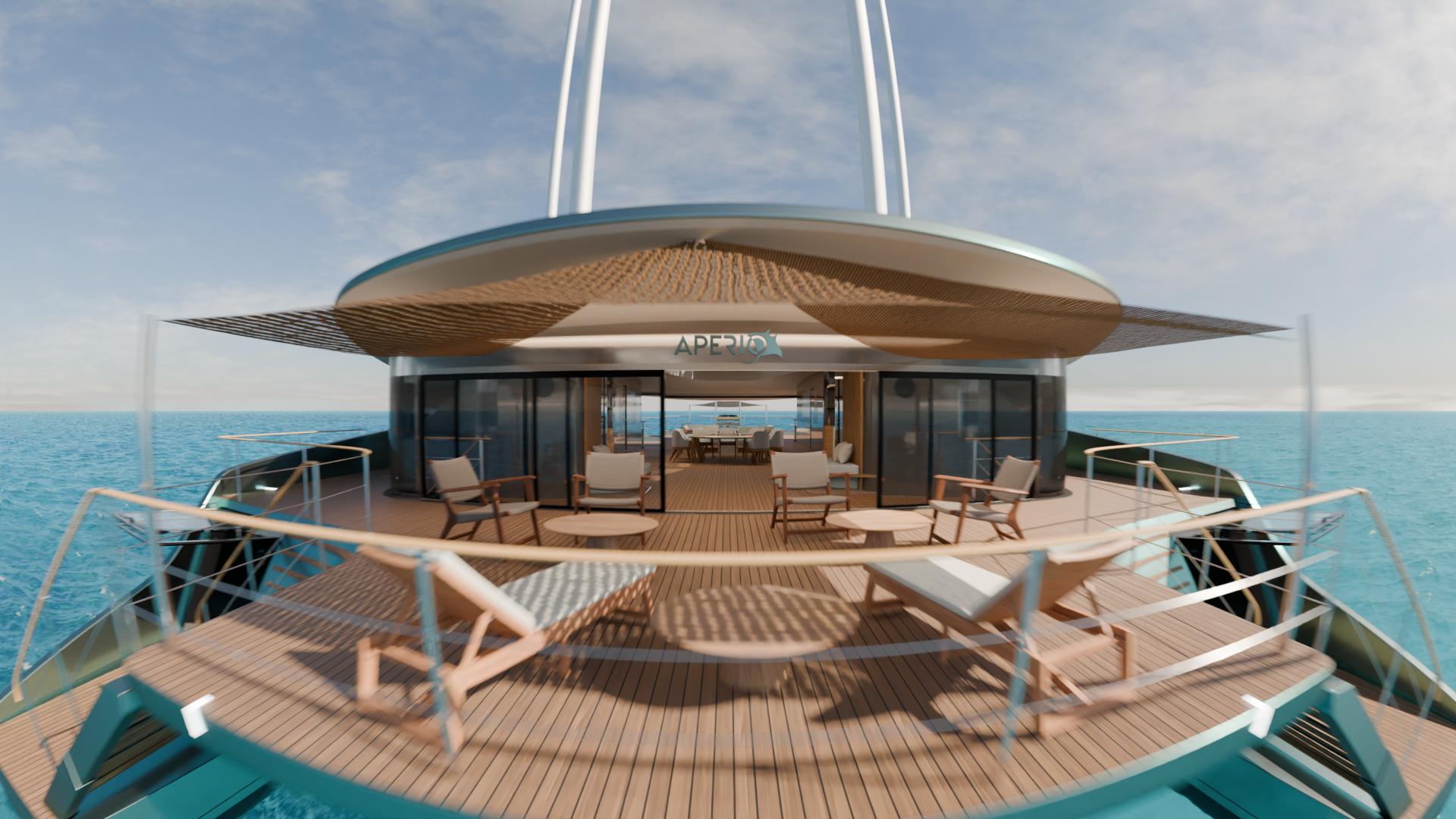 Super yacht avec une terrasse en bois, fauteuils, une table à manger à l'arrière, et un nom de yacht 'APERIO' visible sur le pont supérieur, en mer avec ciel clair.