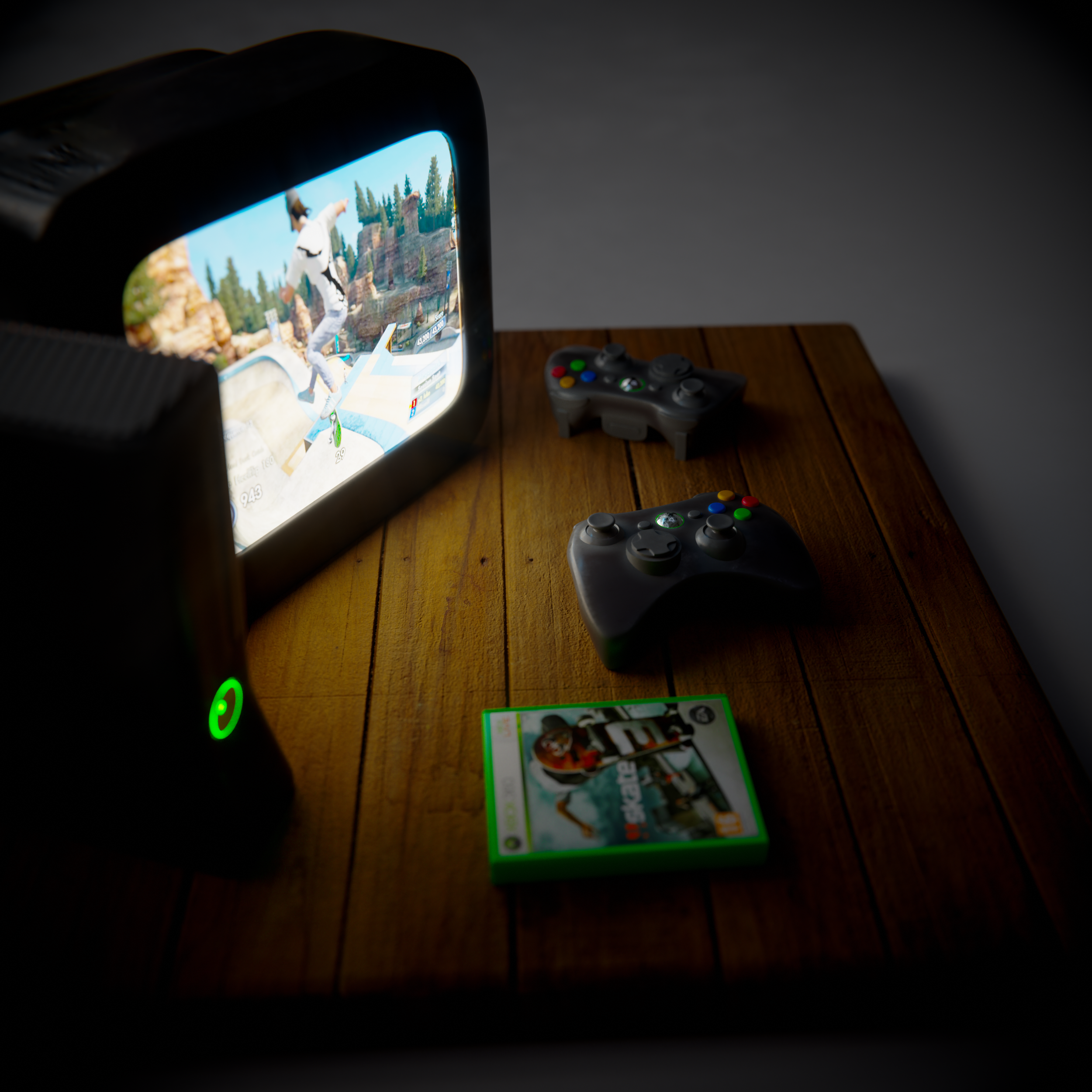 Une console de jeux rétro avec deux manettes, un écran affichant un jeu de skateboard, et une boîte de jeu 'Skate' sur une table en bois.