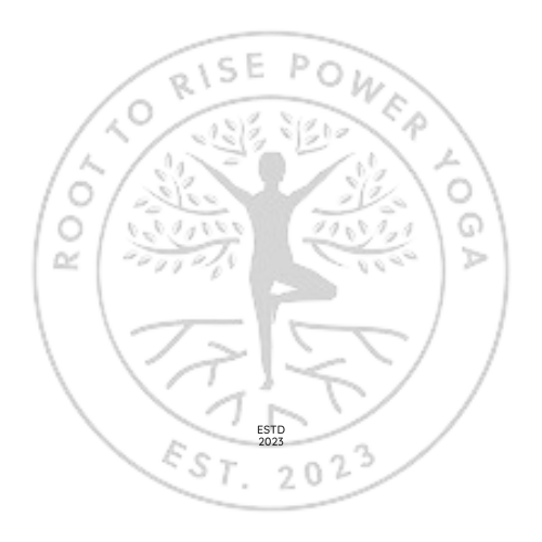 A logo with a person in a yoga pose surrounded by tree and mountain graphics, with the text 'Point to Rise Power Yoga Est. 2025' around the perimeter.