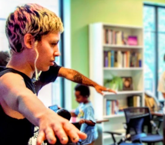Short haired person leading a workshop