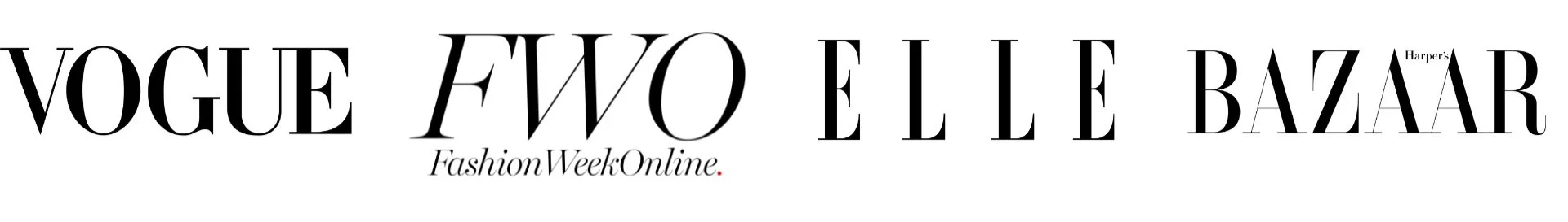 Large black text on a white background listing fashion magazines: Vogue, FWO, Elle, Harper's Bazaar, with 'Fashion Week Online' written underneath in smaller text.
