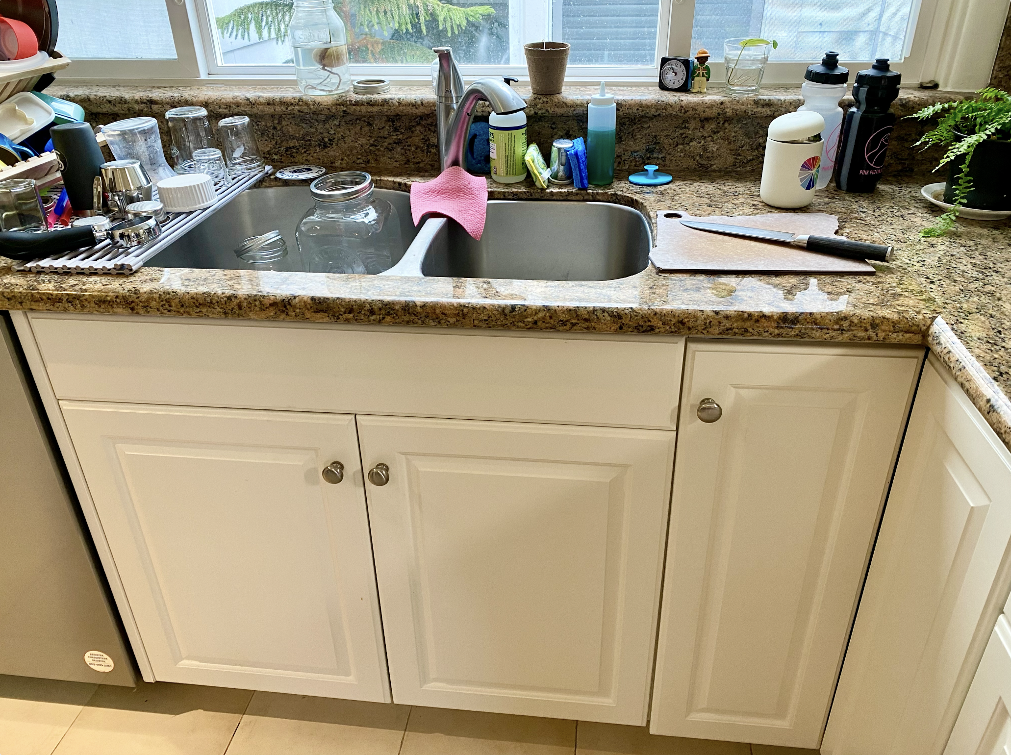 Kitchen sink area with dish drying rack, glasses, cleaning supplies, a knife on a cutting board, and potted plants on the granite countertop near a window.