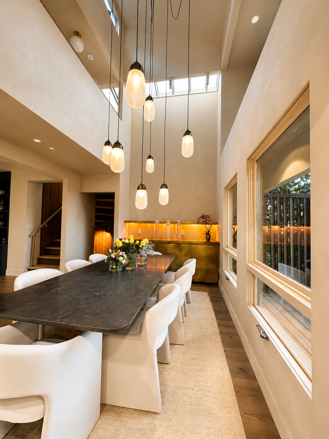 Modern dining room with a long black marble table, white chairs, hanging pendant lights, large windows, and a vase of flowers on the table.