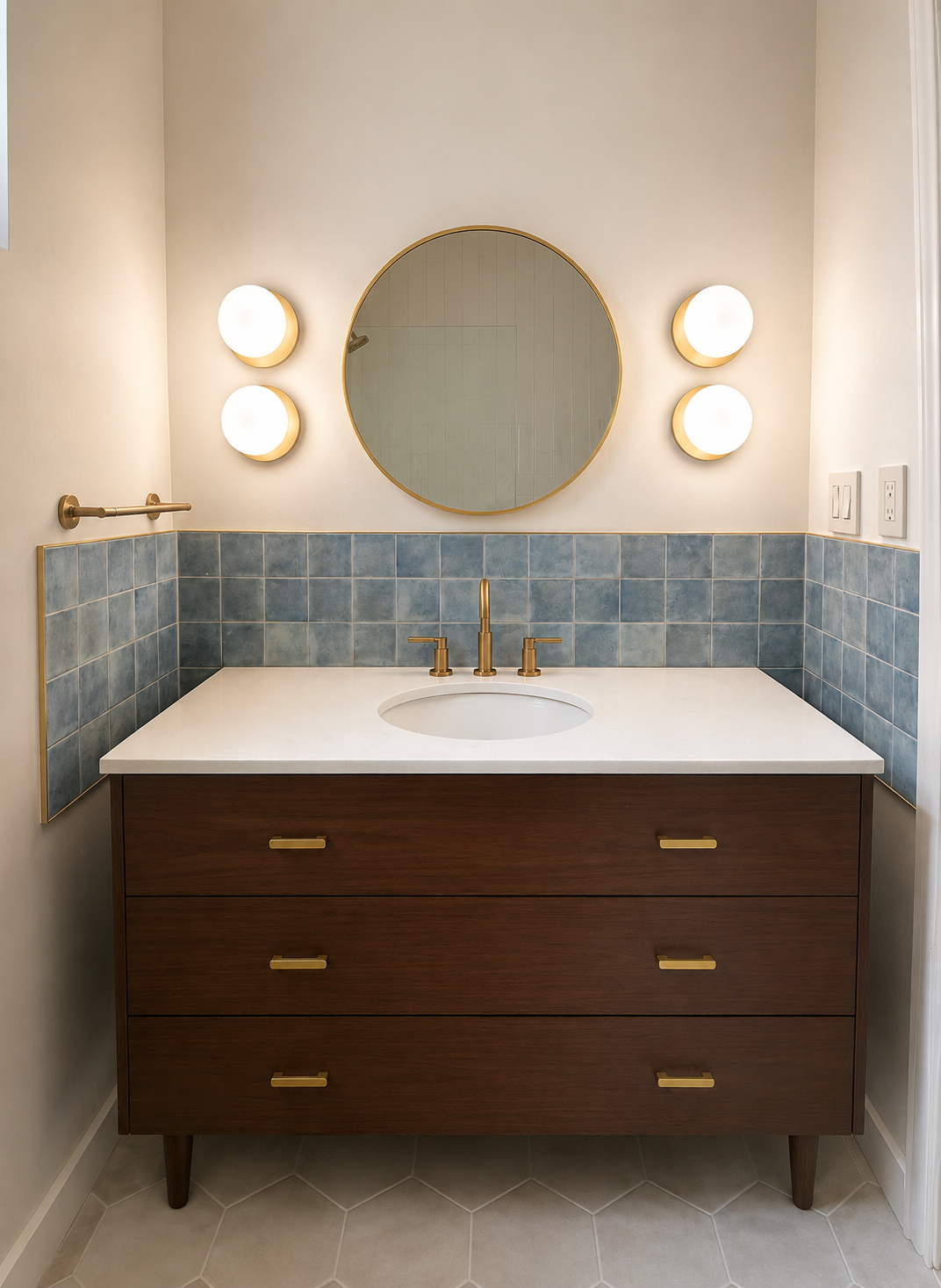 Bathroom vanity with a white countertop, an oval sink, and gold fixtures. A round mirror is mounted on the wall above the sink, flanked by two sets of two round wall lights. The wall behind the vanity is tiled halfway up with blue tiles, and the lower part is painted white. The vanity has three drawers with gold handles, and a towel bar is mounted on the left wall.