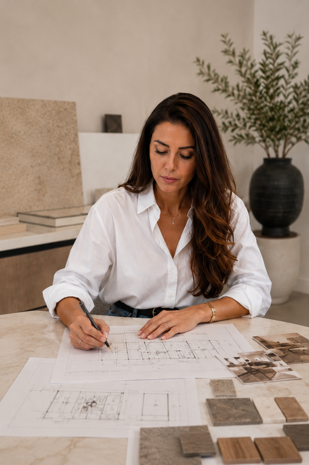 Woman designing interior layout at a desk with architectural plans and material samples.