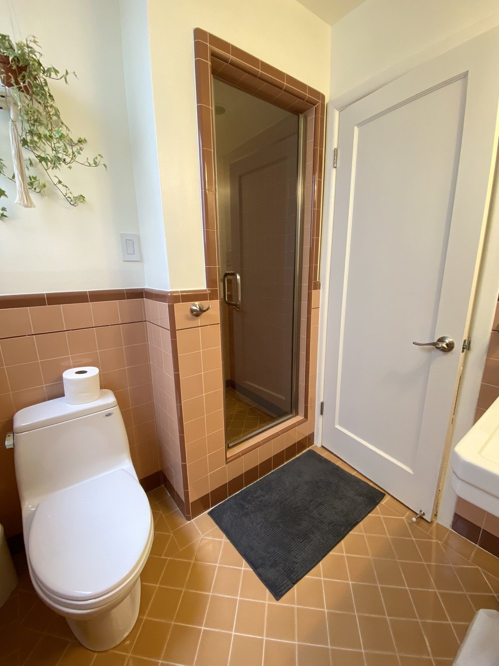 A bathroom with a white toilet, a glass shower with pink tiles, a white door, and a black rug on the tiled floor.