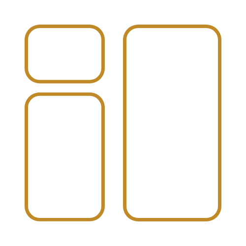 Outline of four rectangular objects with rounded corners, arranged with two on top and two on the bottom, all in gold color on a black background.