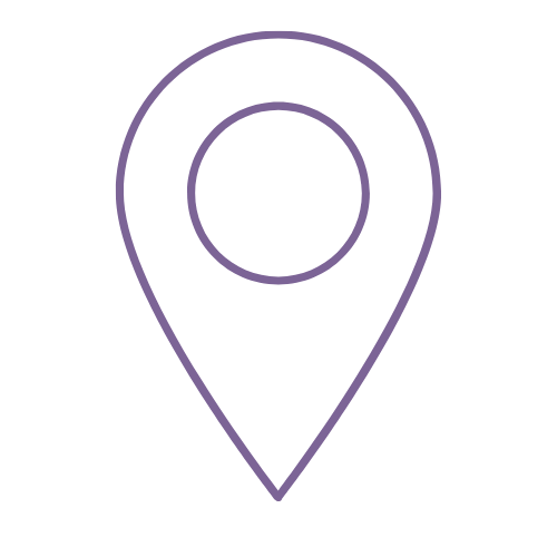 Map location icon with a purple outline on a black background.