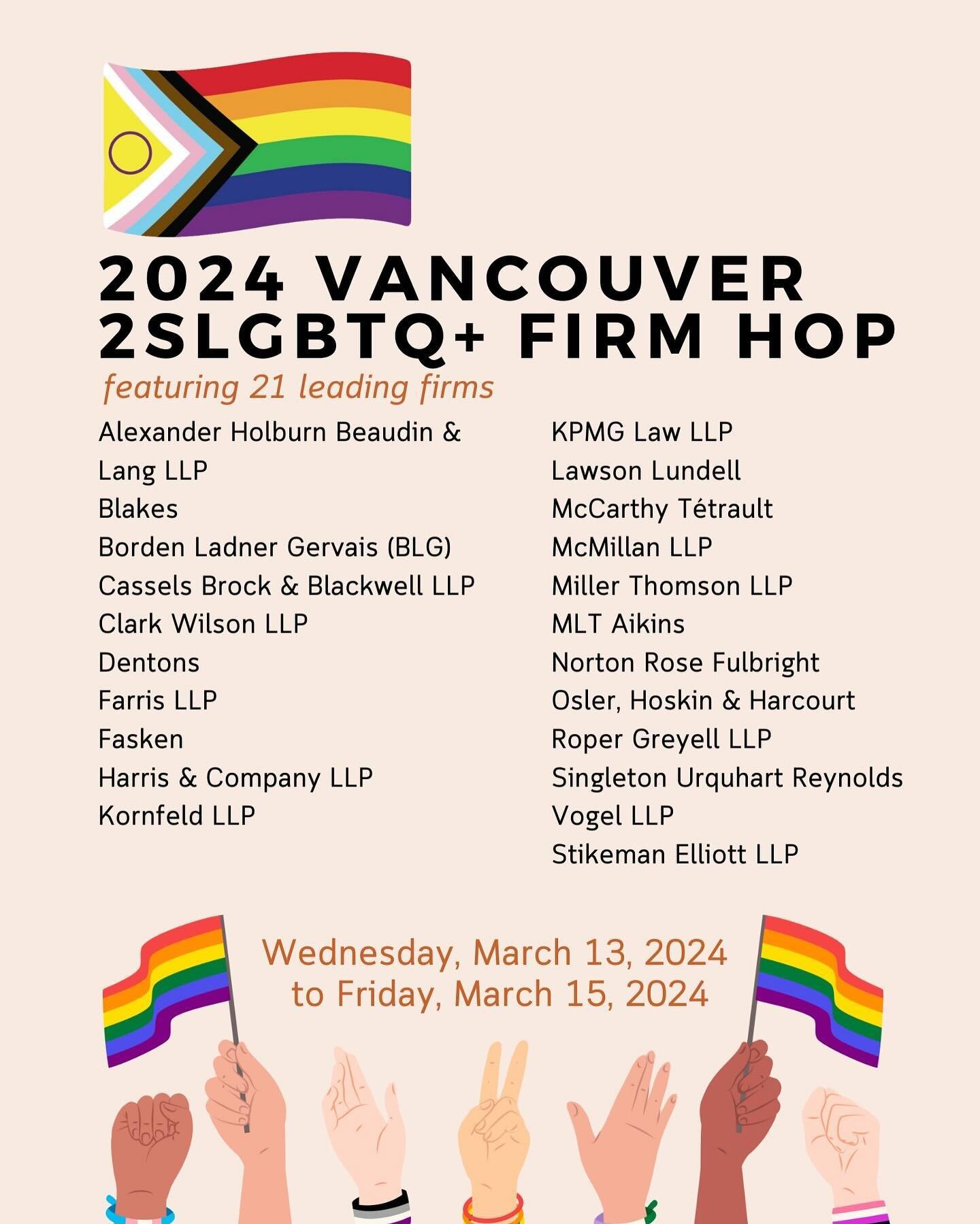 Are you a student thinking of applying to law firms in Vancouver in 2024? Do you identify as a member or ally of the 2SLGBTQ+ community?
&nbsp;
If you answered yes to both of these questions, we would be delighted to have you join us for the 2024 Van