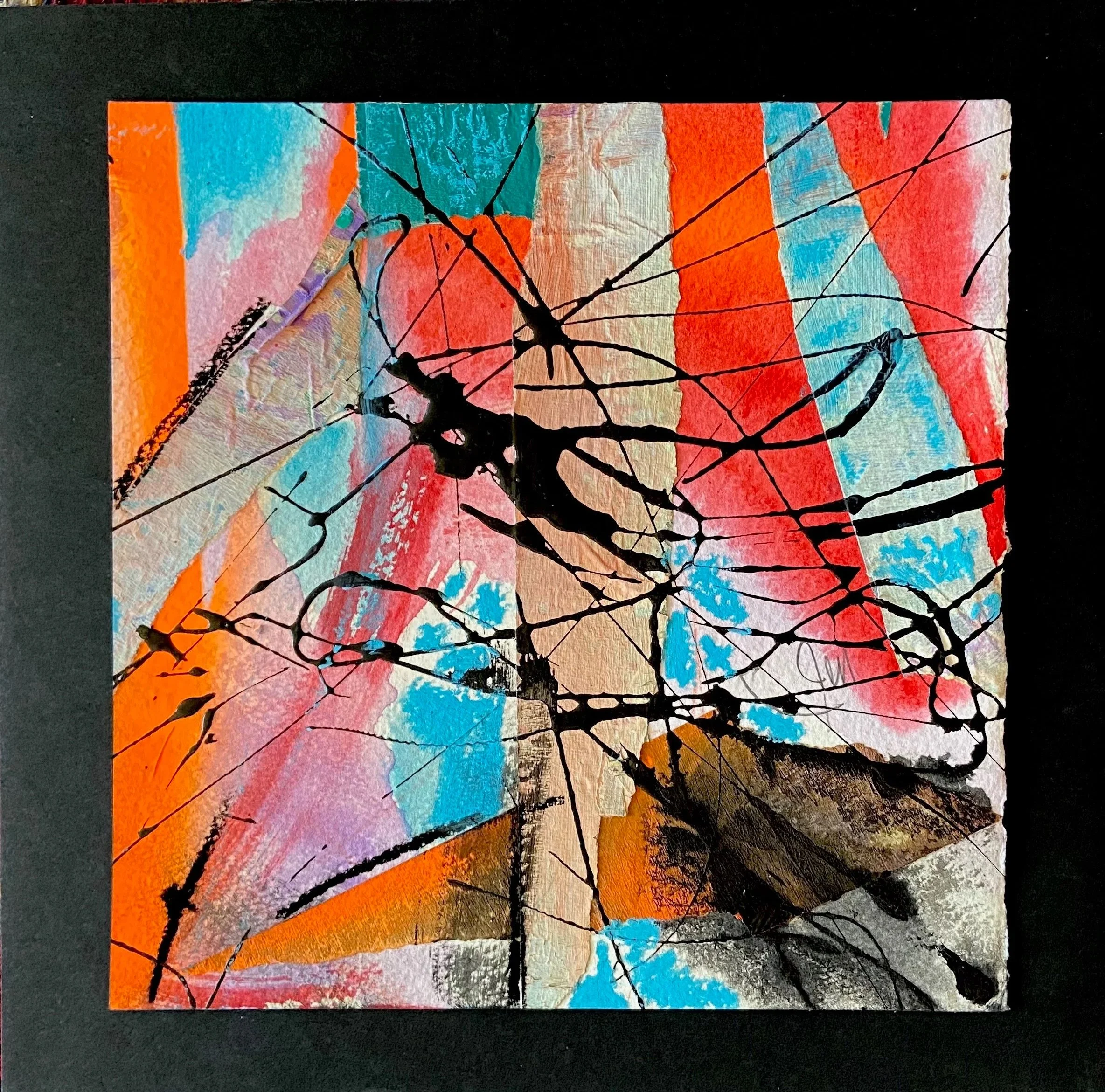  Trapeze Artist- 8x8in.(image),10x10in.(matt), mixed media collage and oil. $45