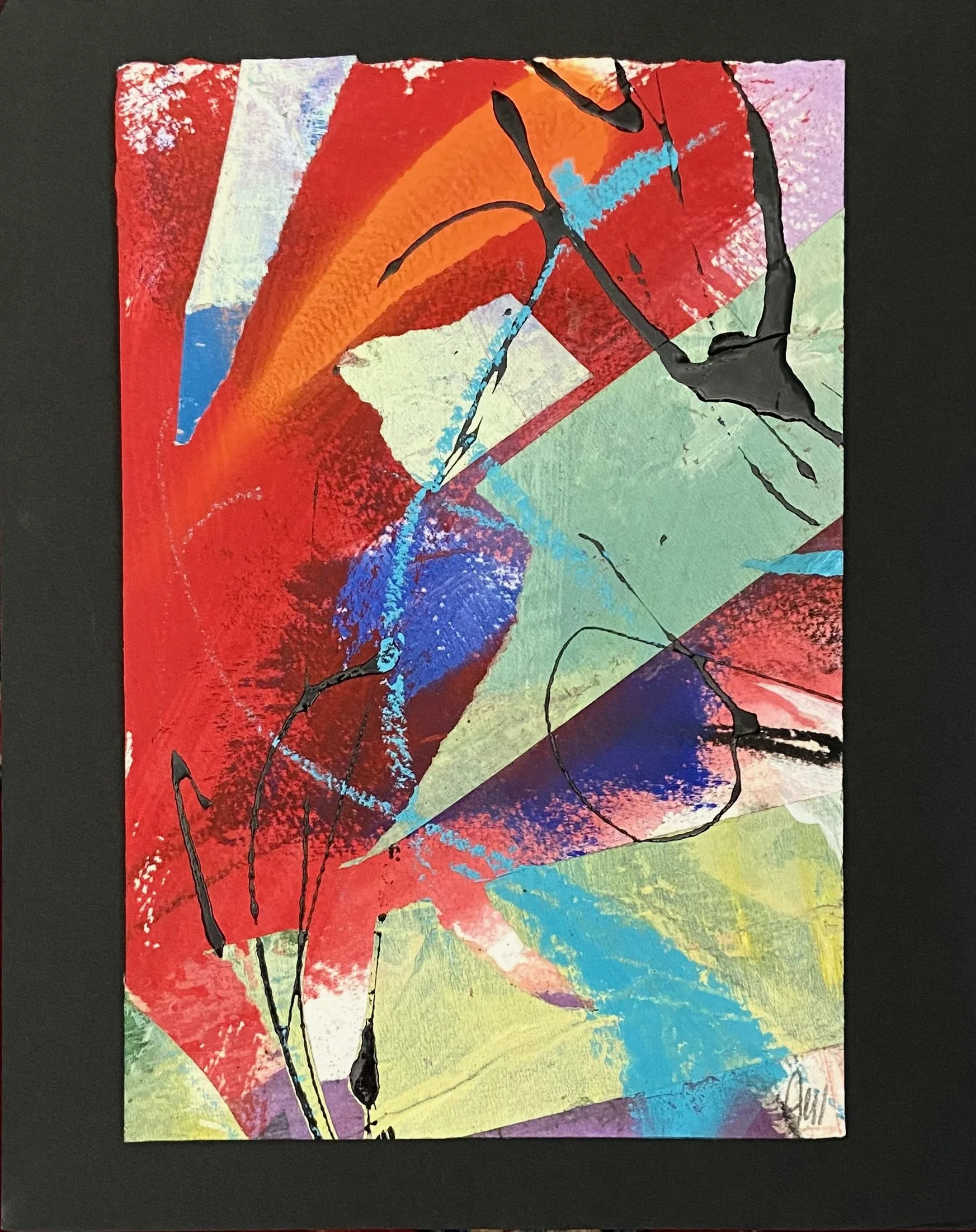  First Impression- 4.5x6.5in.(image),10x10in.(matt), mixed media collage and oil. $45