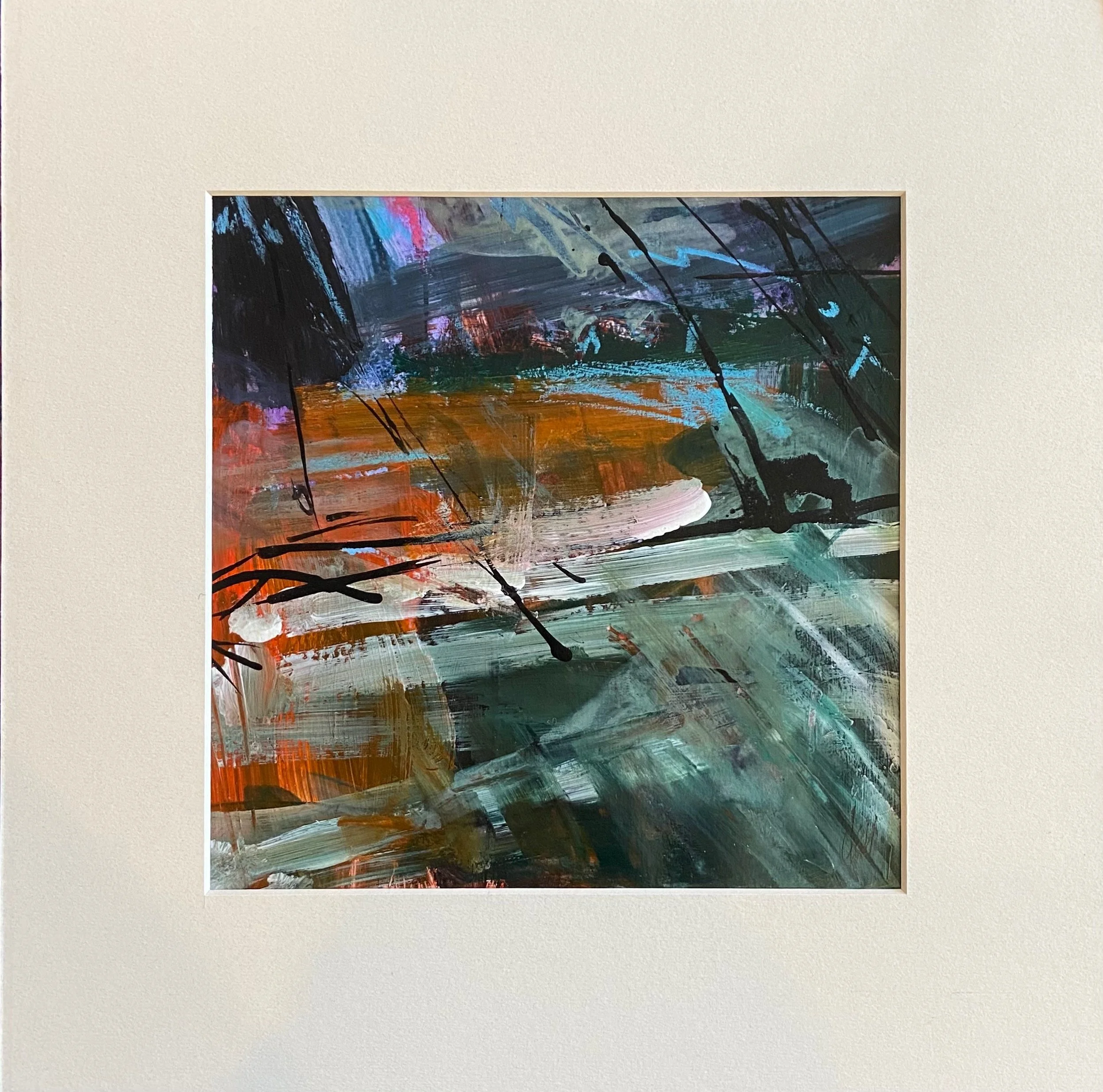 Night Train-7.5x7in.(image), 12x12in.(matt), acrylic, collage, ink. $95