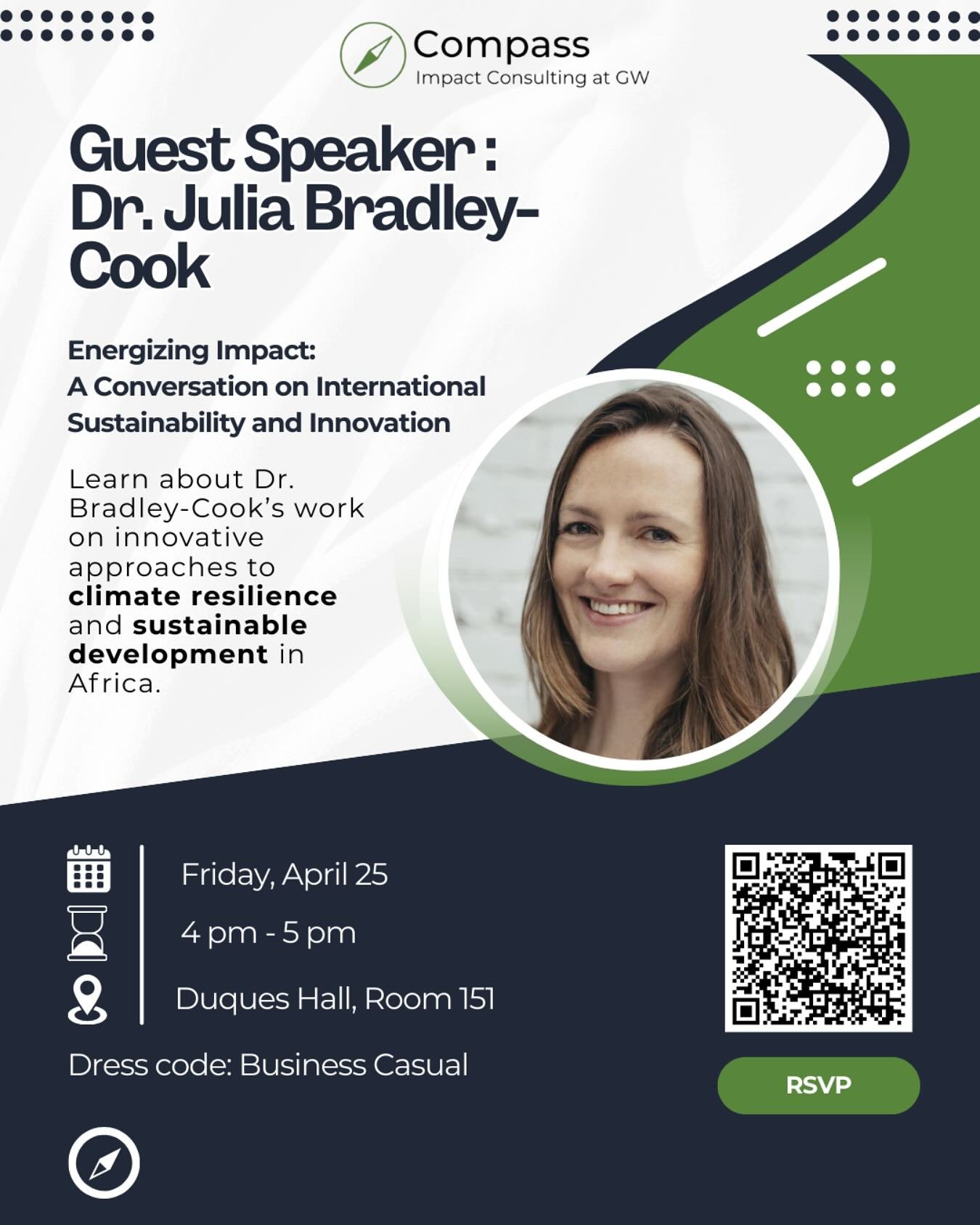 Compass is excited to announce that we will be hosting a speaker event on April 25th from 4 pm - 5 pm in Duques 151.
This event will feature Dr. Julia Bradley-Cook, an accomplished ecosystem scientist and Climate Change Advisor at USAID’s Afr
