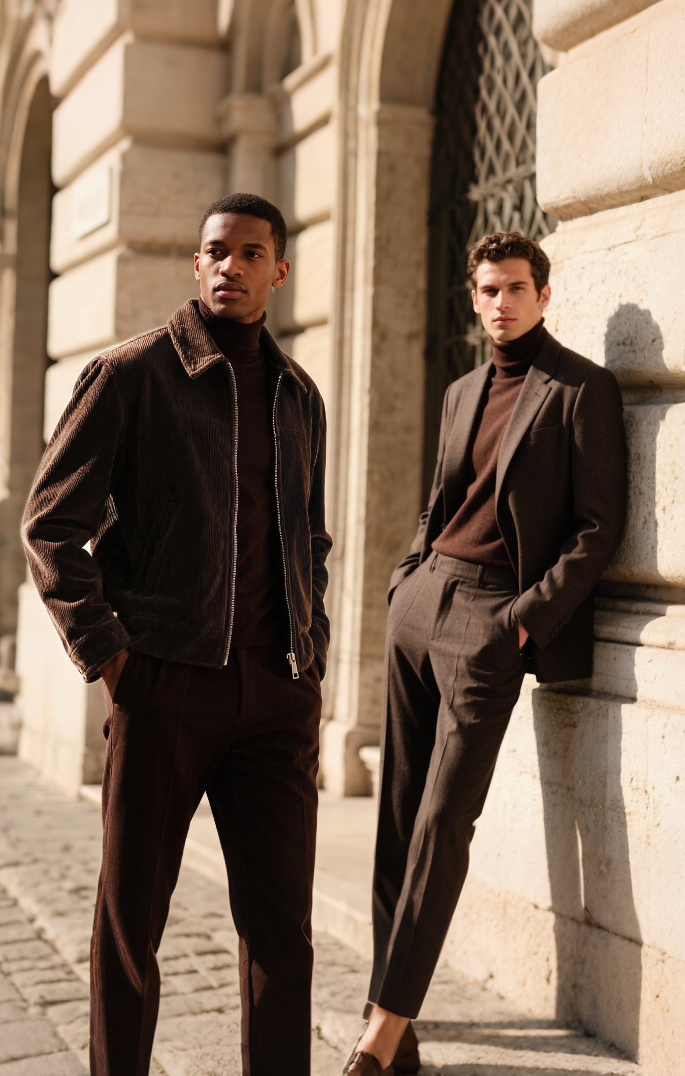 What can Brown do for you? A lot! These two variations of style in brown, adds luxury and comfortability. From the two piece look to dress it up a little, to the casual and cool jacket and pants look. $850