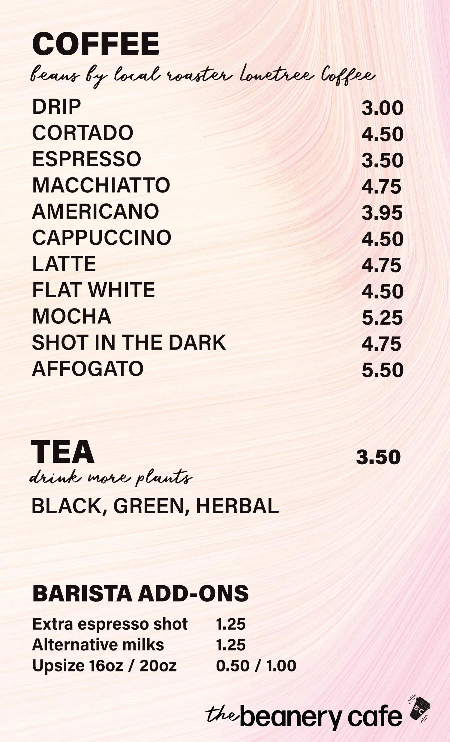 Visit the cafe anytime for coffees, lattes, and more. We also offer