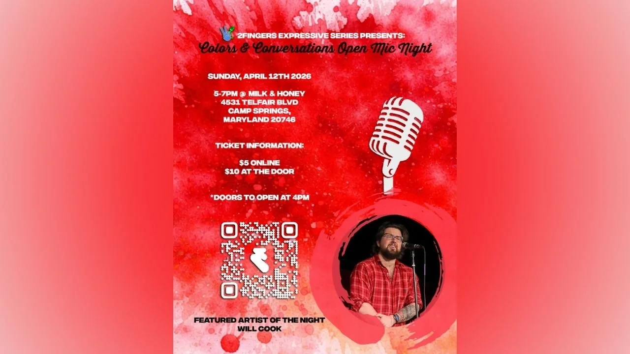       
  
    The 2Fingers Expressive Series is back with another Open Mic experience designed to bring the DMV creative community together.  On Sunday, April 12th from 5–7 PM, we’re taking over Milk and Honey in Camp Springs, Maryland for an evening