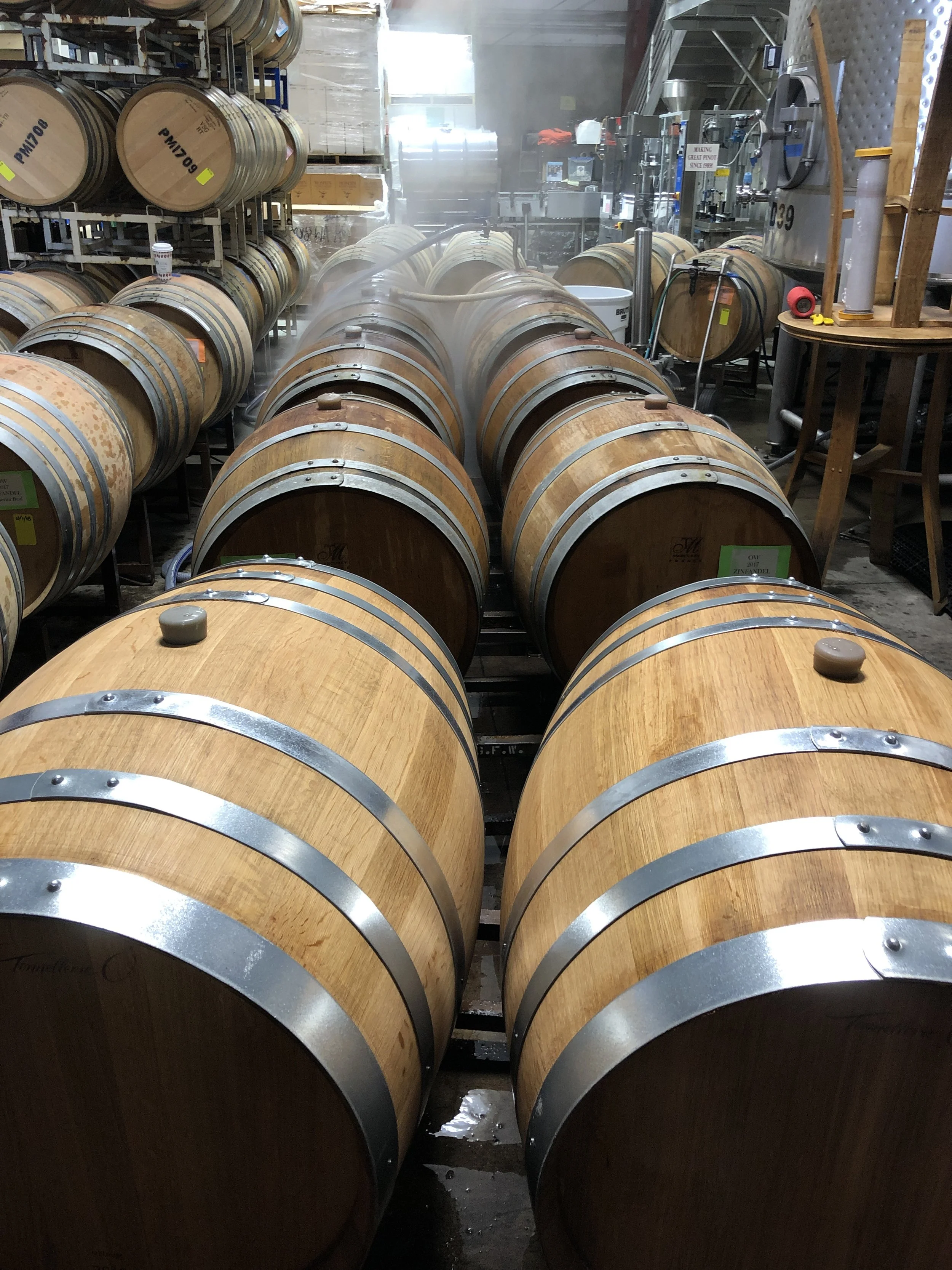 Wine barrels in a winery storage room with some steam rising from the hot environment.