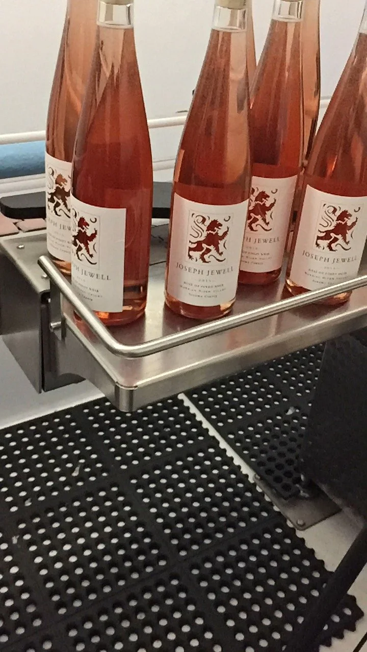 Several bottles of rosé wine from Joseph Jewell are on a stainless steel cart in a wine production or storage facility.