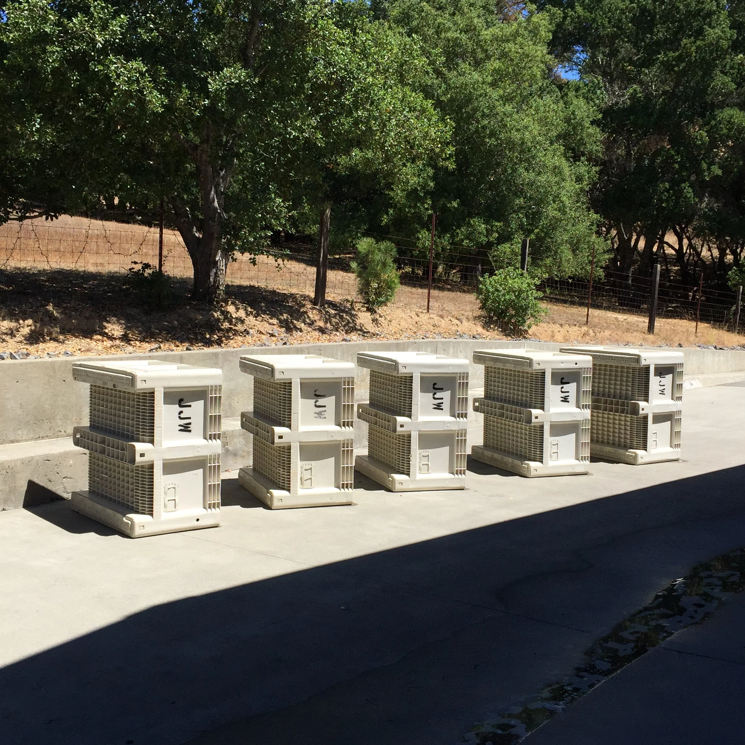 Several white rectangular cooling units with grates are arranged in rows outdoor, casting shadows on the ground, with green trees and a wire fence in the background.