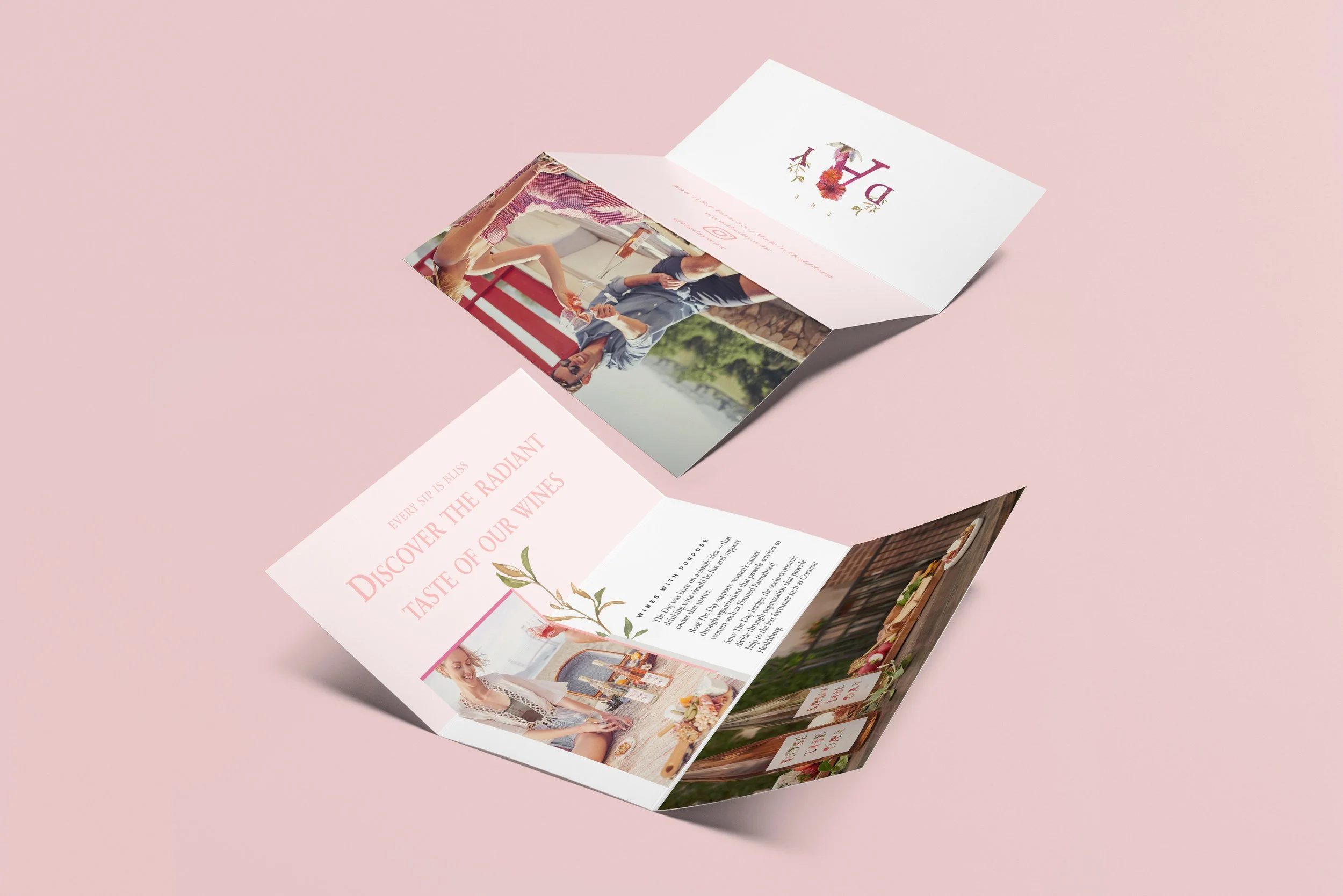 Open folded brochure with images of people dining outdoors and text about wine and taste, on a pink background.