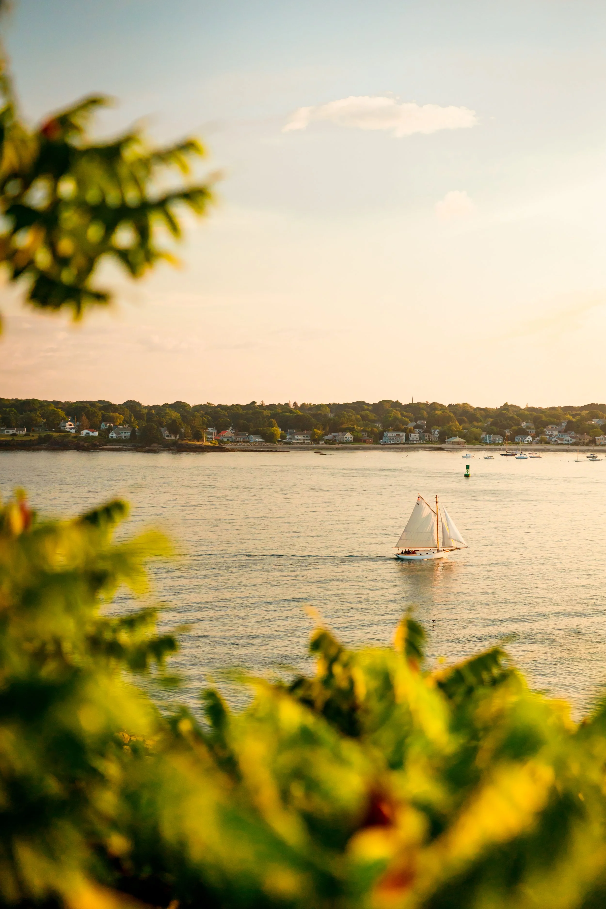 A sailboat on calm water near the shoreline, with a distant view of houses on a hill and partly cloudy sky.