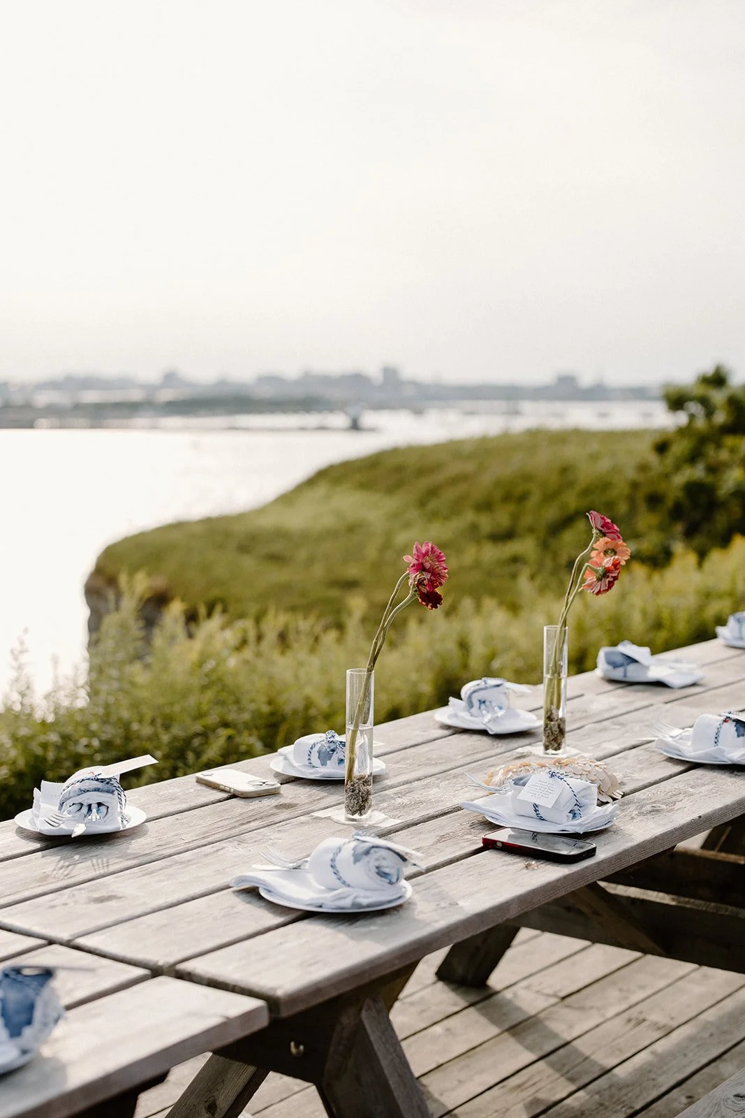 Outdoor dining table with napkins and flowers, overlooking a body of water and green landscape
