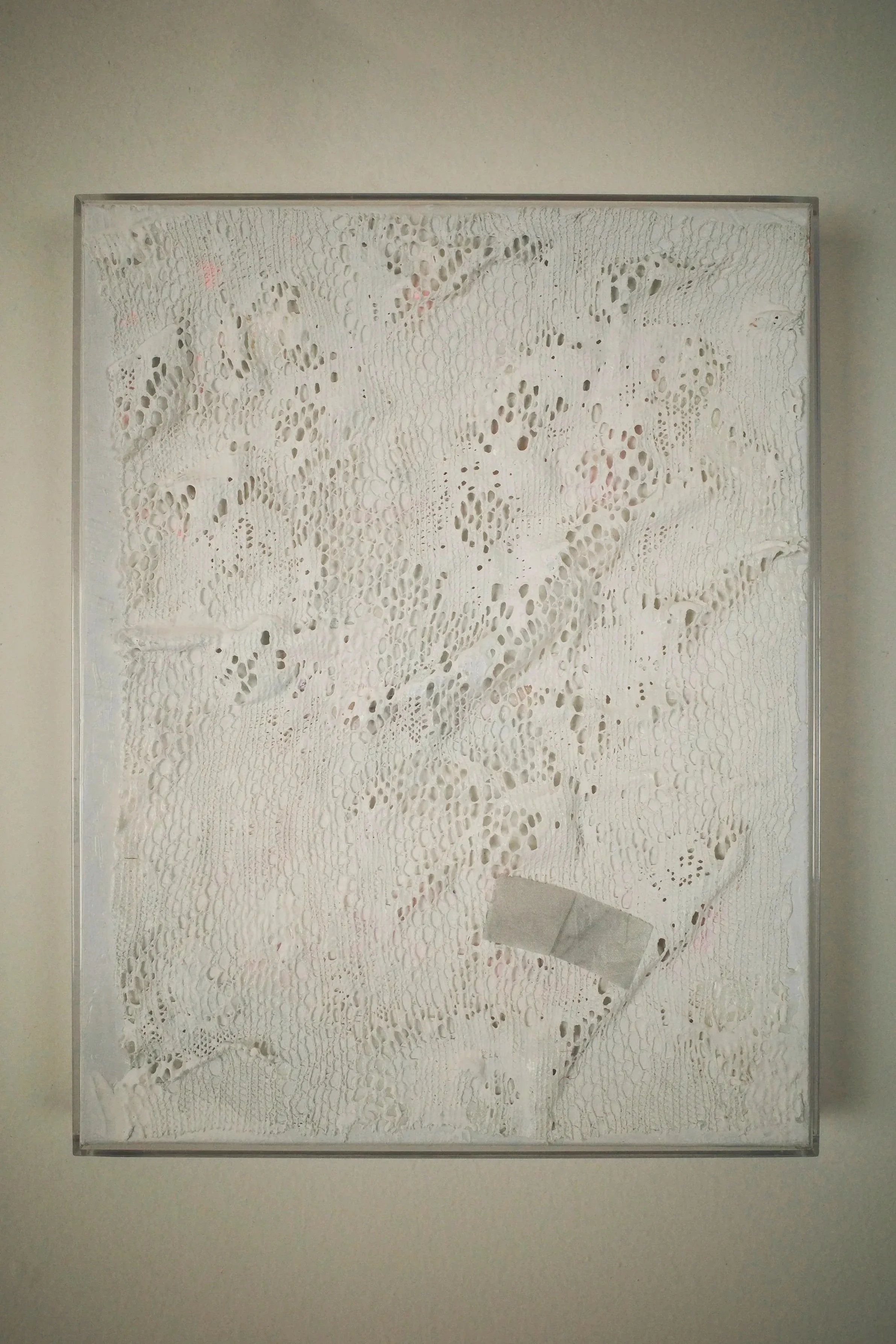 Candid Exhibition
2025
Lace fabric, cardboard,confetti, acrylic paint, rubber paint, glue, marker, crayon, pen, plastic frame
8.5 x 11 in.