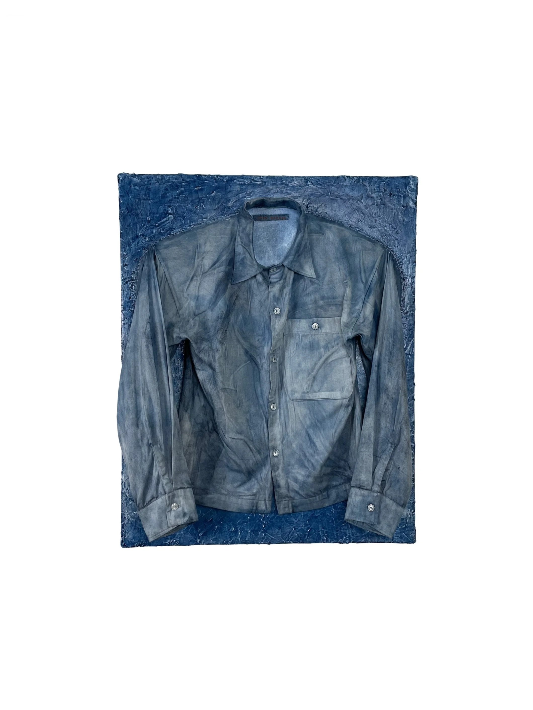 What am I to You?
2023
Gesso, spackle, indigo dye, cotton sateen fabric, clear white buttons
24 x 30 in.