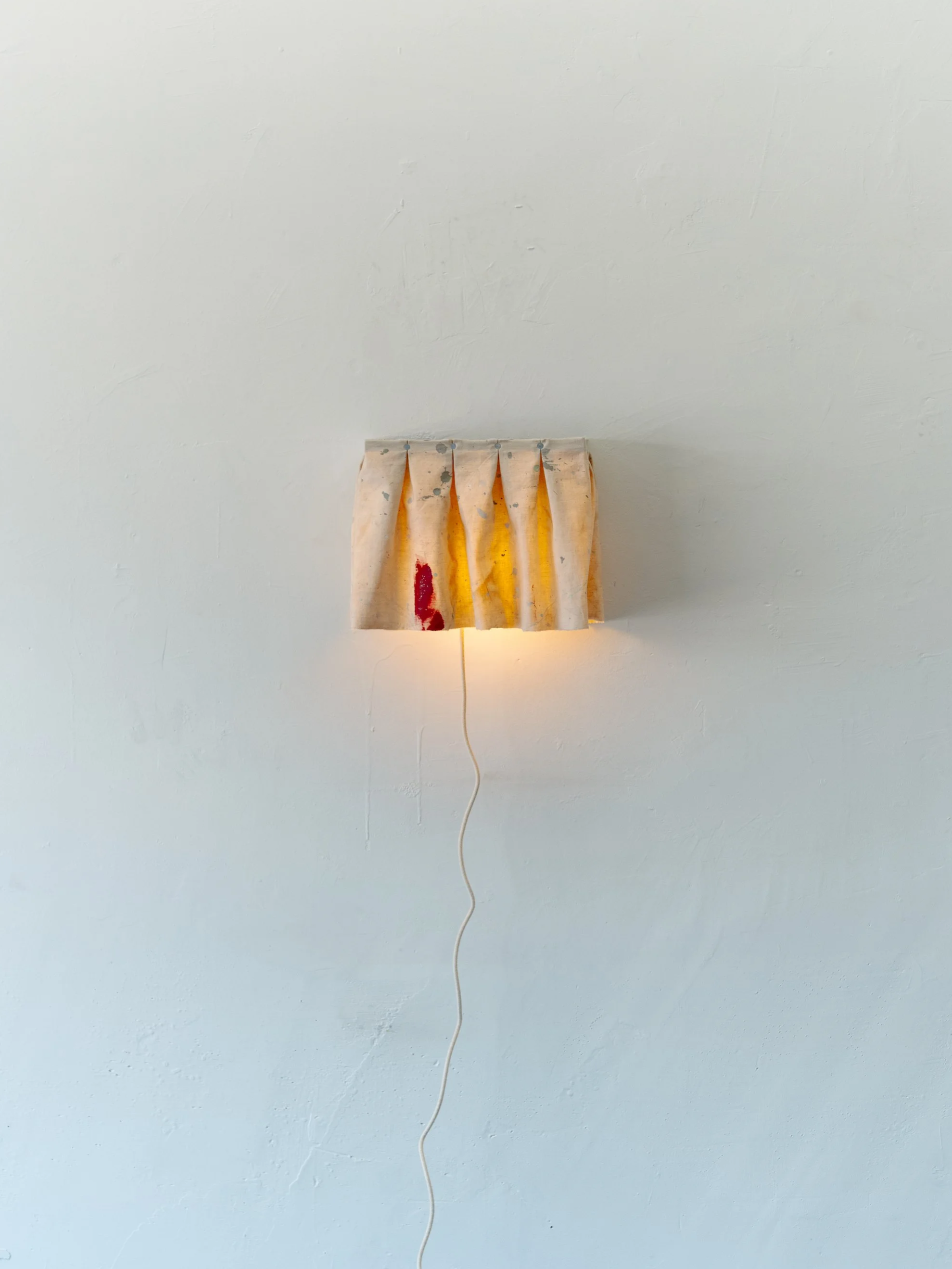 Shelf Sconce (Canvas Drop Cloth) 
2026
Red Oak, painter's drop cloth, roofing nails, L brackets, cup hooks, lighting components 
12 x 14 x 7.5 in.
(INQUIRE)