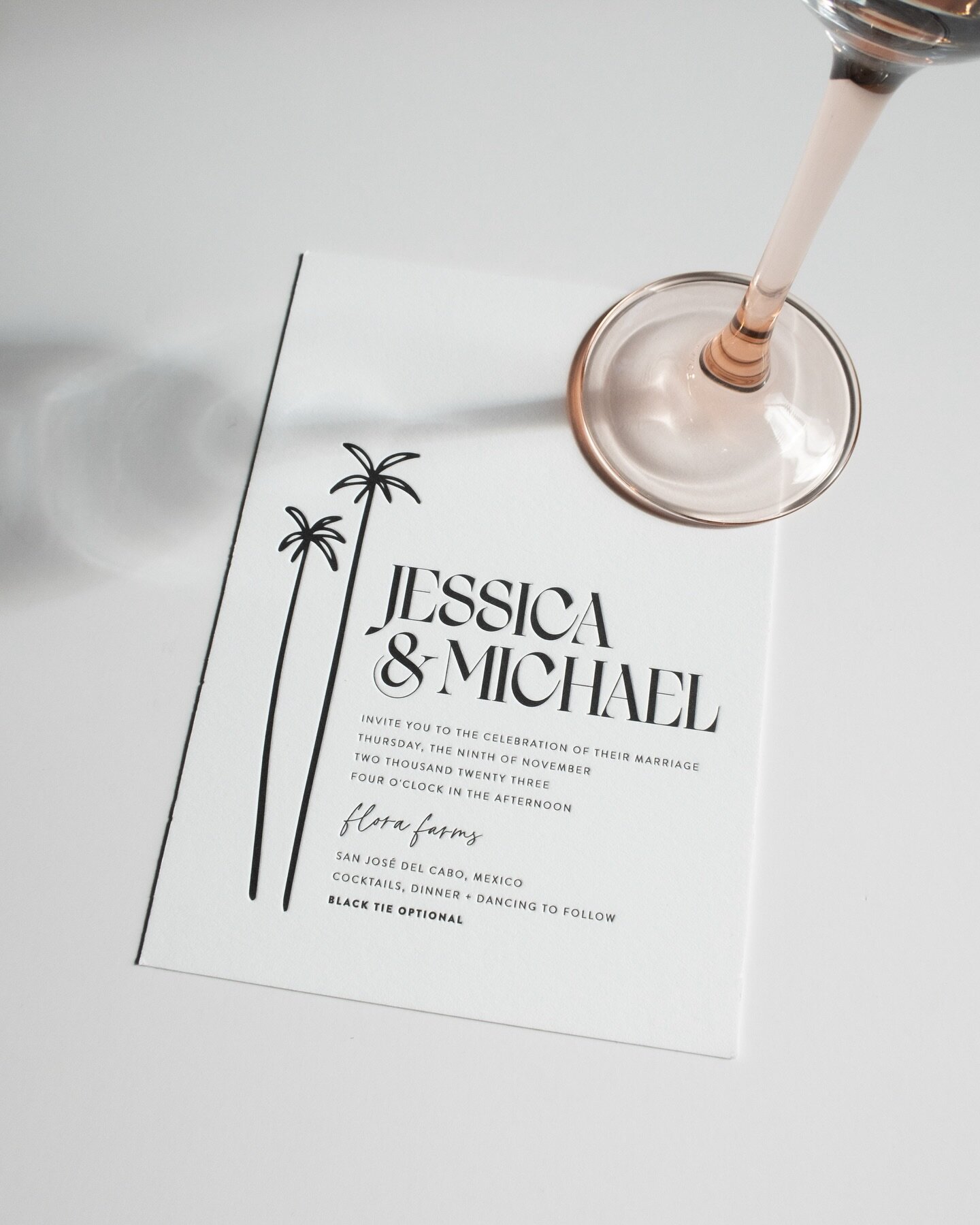 Not the first to say it, but Mexico is always a good idea. Tropical Chic Black Tie Soiree at @florafarms with J &amp; M.

#cabowedding #mexicowedding #blacktie #moderninvitation #stationerydesigner #savethedate #weddinginvitations #invitationsuite #w