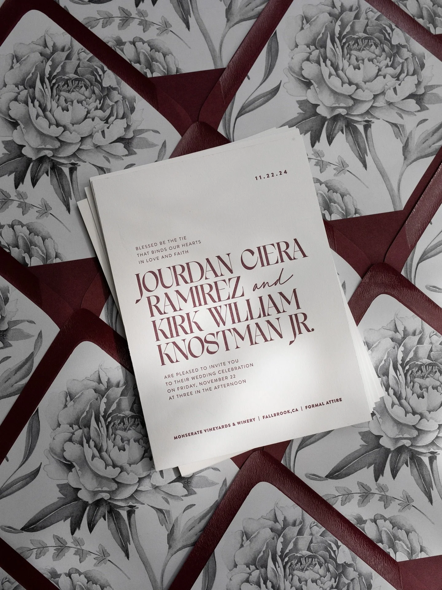 rich tones &amp; a love that blooms with @palmandpineevents #californiawedding #fallwedding #envelopeliner #letterpress #letterpressinvitations #merlot #fall #invitationdesign #stationerydesign