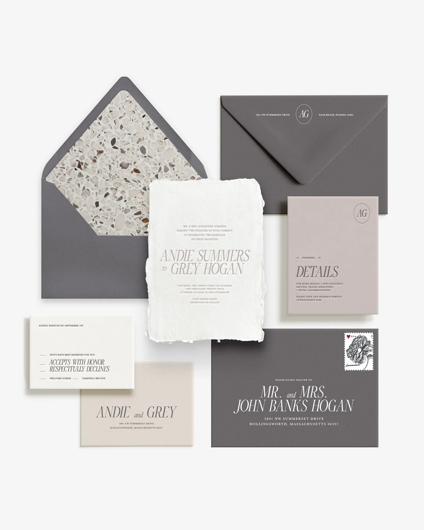 THE CORA COLLECTION &ndash; Polished, serene and quietly confident, refined minimalism with a modern edge. This suite communicates elegance without excess. Coordinated monograms and subtle typographic flourishes provide a sense of structure and perso