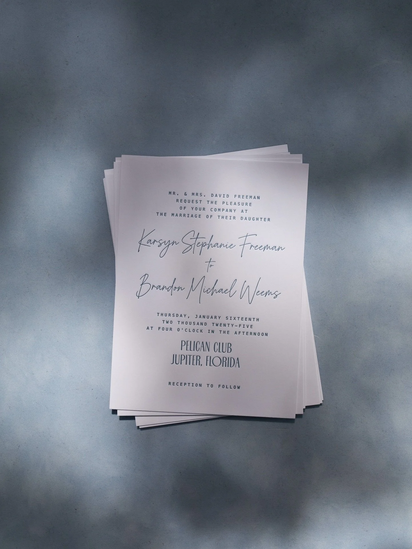 SOMETHING BLUE 🩵 Letterpress Invitations for a wedding last winter at @pelicanclub_jupiter #letterpress #blue #coastalwedding #invitationdesign #thepelicanclub #jupiterflorida #floridawedding #stationerylove #weddinginspo #weddinginviteinspo