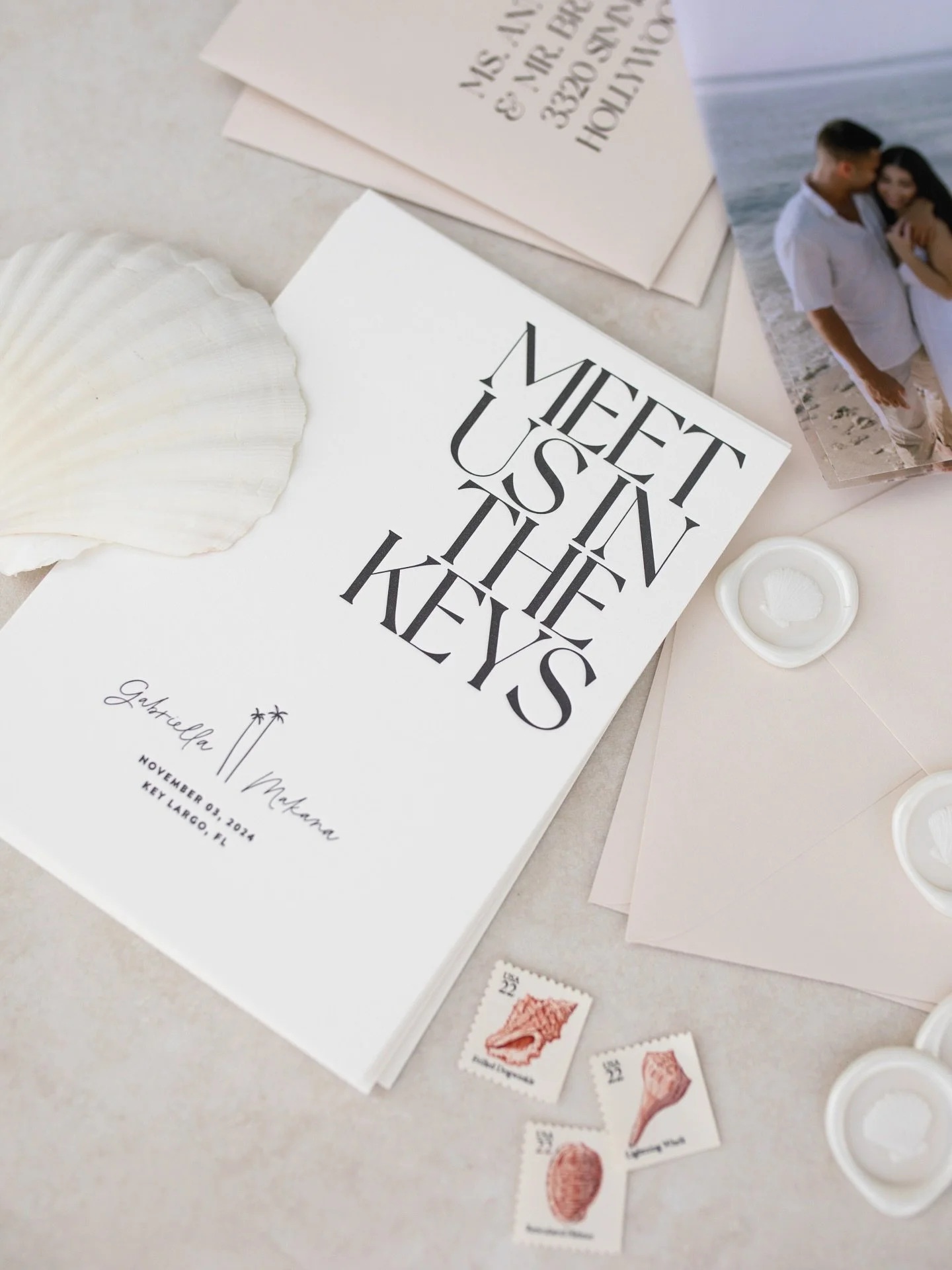 SHELL YES. 🐚🤍 Letterpress Save The Dates with a Vellum Photo and Shell wax seals for @gabbiiimarie with @_calicurated_ 

#keyswedding #savethedate  #weddinginspo #weddinginvite #shell #white #vellum #waxseal #sand #coastalwedding #whitewedding