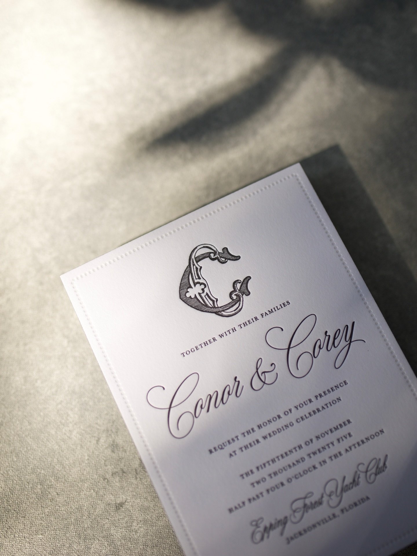 The little details make all the difference &mdash; triple thick cotton paper, letterpress, monogram, blind deboss border with painted edges. One of our favorites from this past year with @c_b_creative #letterpressstationery #monogram #winterwedding #