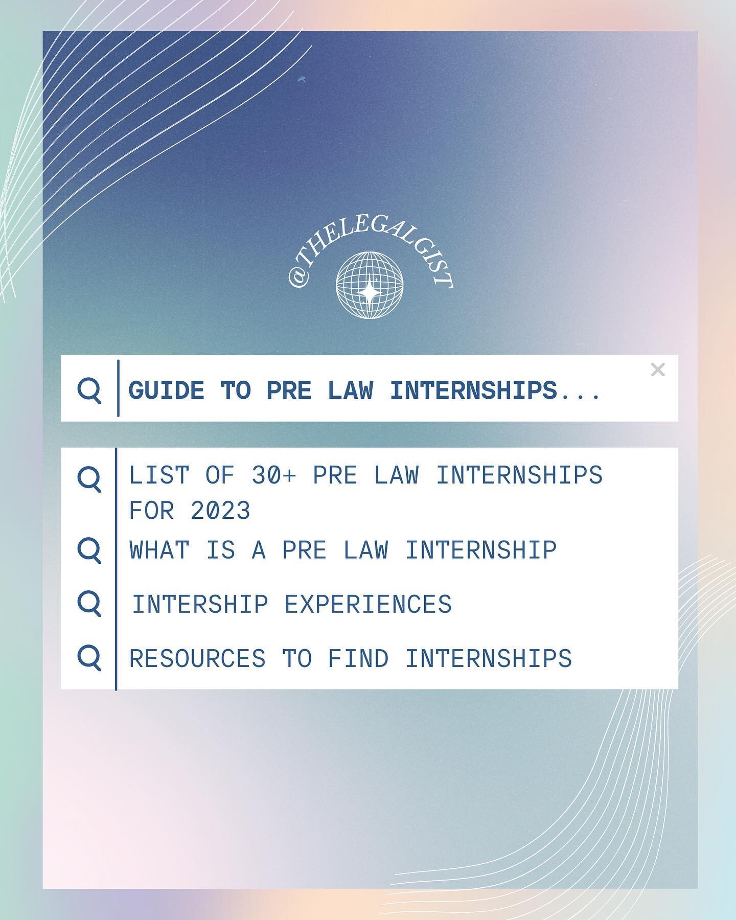 Searching for your summer internship? Here&rsquo;s a guide to pre-law internships + a list of 30+ programs to apply to now! Comment any of your pre-law internships! 

Thank you to @shreyask_ for her work on this! 💫💼

Internships are truly an incred