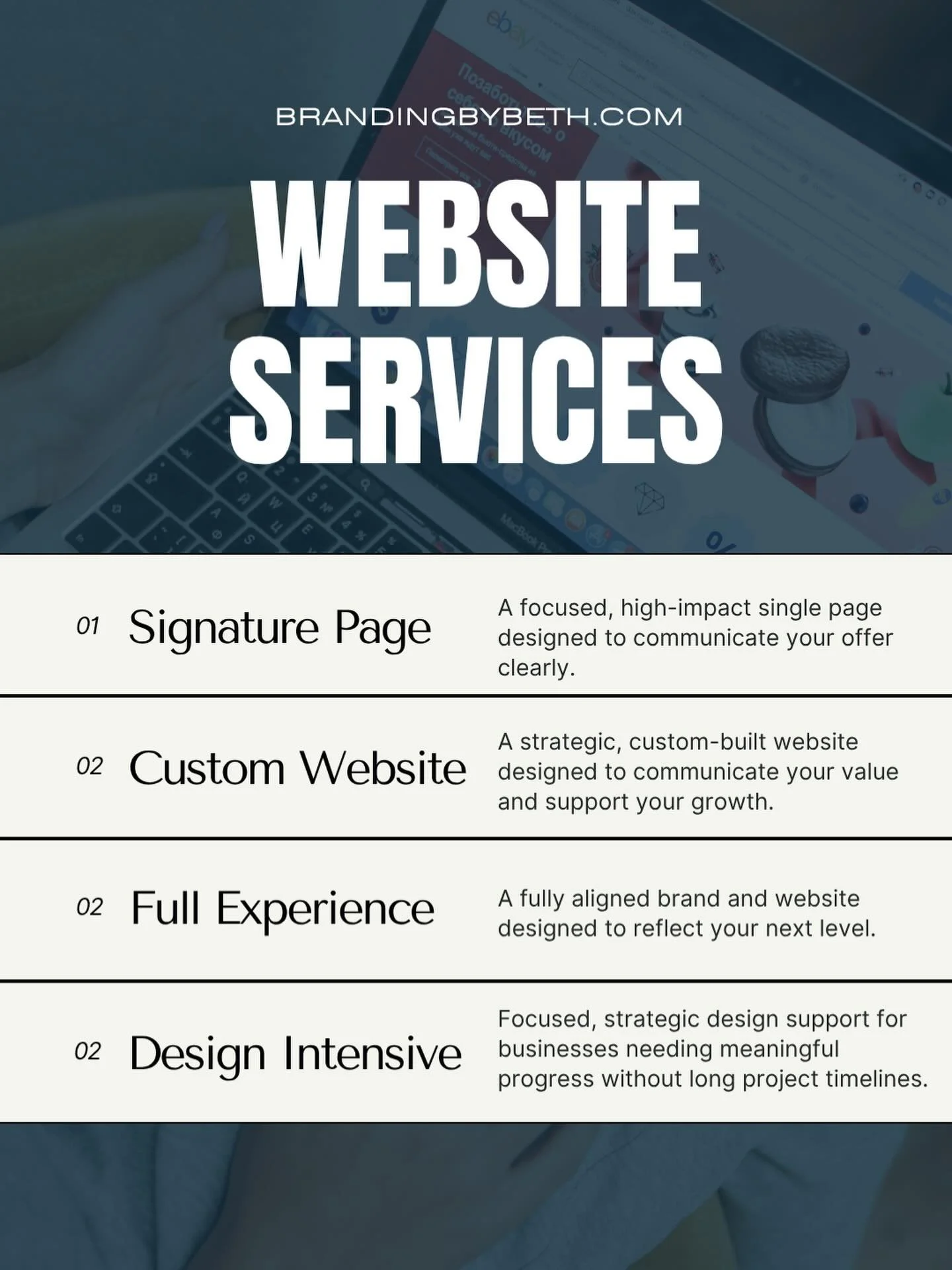 Four ways we can work together to build your business a home online! 🏠 👋 💻 

1) Signature Page: A focused, high impact single page designed to communicate your offer clearly. 

2) Custom Website: a strategic custom build website design to communic