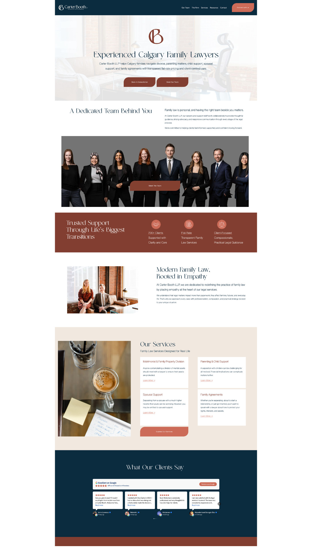 Homepage of Carter Booth LLP law firm's website featuring family law services, team photos, client testimonials, and service descriptions.
